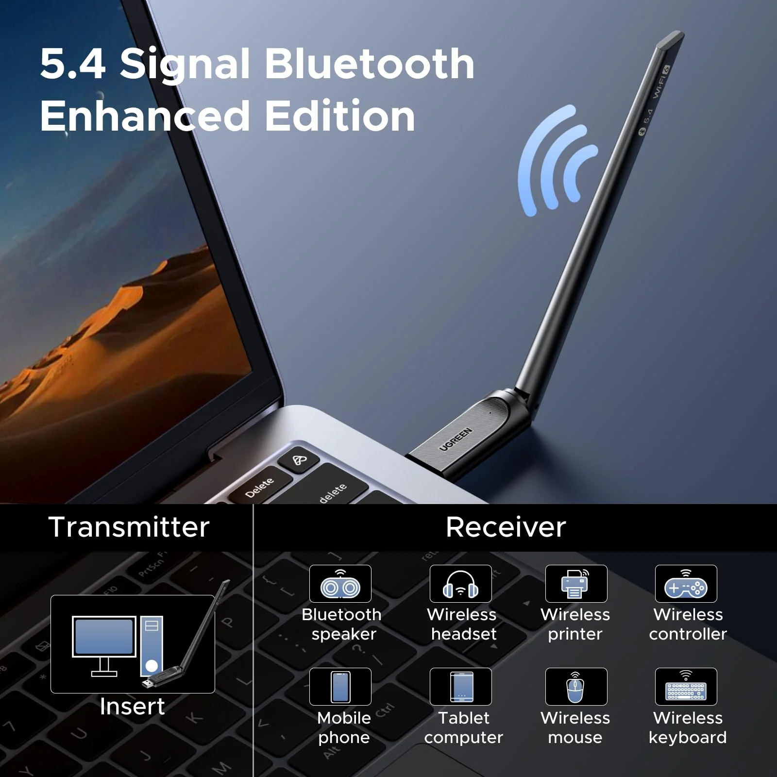 UGREEN 2-in-1 USB Bluetooth WiFi Adapter, AX900 + Bluetooth 5.4 WiFi 6 Adapter for Desktop PC with 5GHz/2.4GHz Dual Band, 6dBi High Gain Antenna, Built-in Driver for Windows 10/11 - Image 4