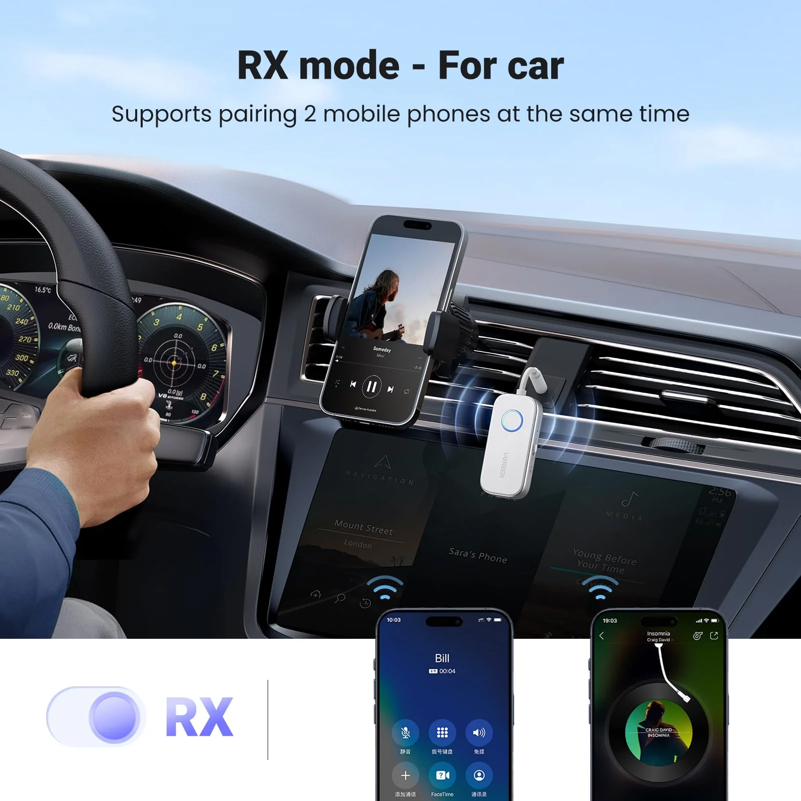 UGREEN Airplane Bluetooth 5.4 Transmitter Receiver for 2 Airpods or Headphones, Airplane Travel Essentials 2-in-1 Wireless Bluetooth Adapter, 3.5MM AUX Jack Adapter on Flight, TV, Car Stereo - Image 4