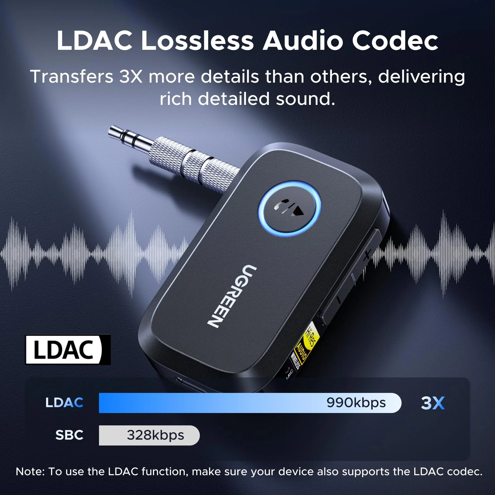 UGREEN Bluetooth 6.0 Receiver for Car with LDAC, AI Noise Cancelling 3.5mm AUX Bluetooth Car Adapter, Hi-Res Wireless Audio Receiver for Home Stereo/Wired Speaker with Hands-Free Call,15H Battery Life - Image 3