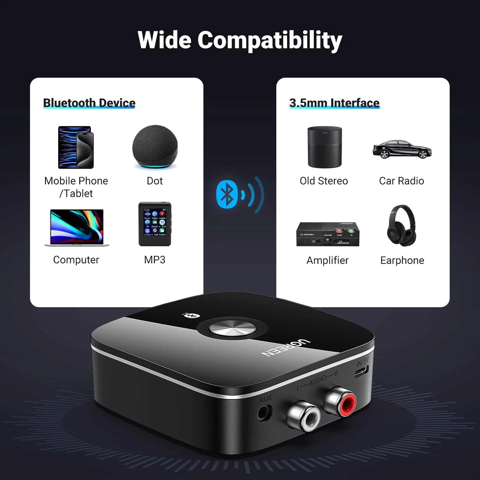 UGREEN Bluetooth AUX Adapter Built-in Battery, Support Dual Pairs Bluetooth 5.3 Receiver for Old Stereo Receiver, 3.5mm/ RCA Dual Channel Bluetooth Audio Receiver Adapter for Home Stereo Speakers - Image 6