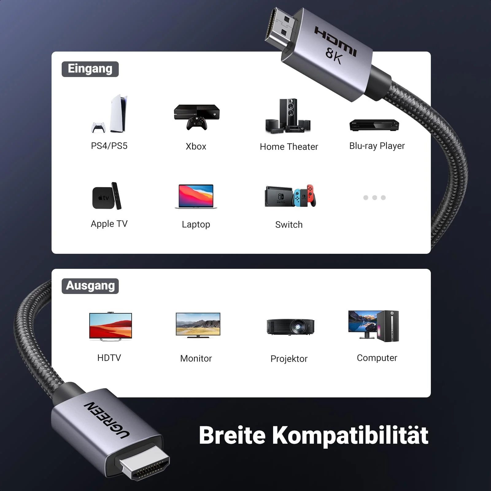 UGREEN HDMI 2.1 Cable 8K 60Hz 4K 240Hz 165Hz 144Hz 120Hz 48Gbps High Speed, HDMI Cable 2.1 Ultra HD eARC HDR 10+ HDCP Dolby Vision VRR Compatible with TV/PS5/PS4/Xbox Series X/Monitor/Laptop (2M) 2.0 Meter - Image 7