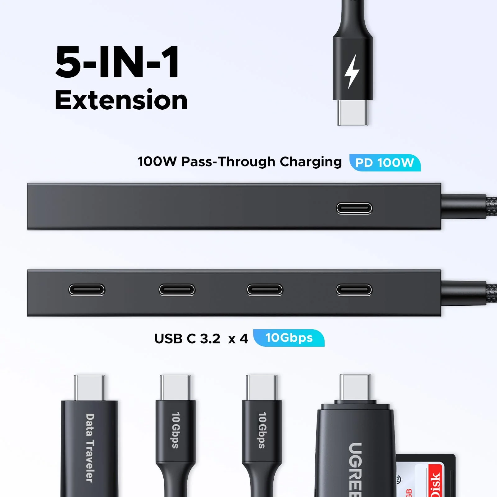 UGREEN Powered USB C Hub, PD 100W 10Gbps 5 in 1 USB C 3.2 Adapter with 4 USB-C 3.2 & 100W PD Ports, USB C Splitter for MacBook Pro/Air, iPad Pro, iPhone 15/15 Pro Max, Surface, PC, Laptops and More - Image 2