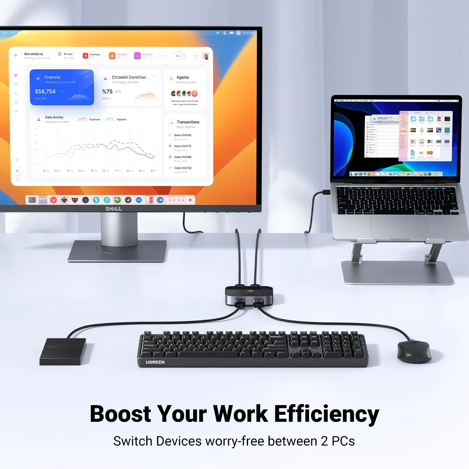 UGREEN USB 3.0 Switch 2 in 2 Out, USB Switcher 2 Computers Sharing Keyboard and Mouse Printer Scanner Webcam, Printer Splitter for 2 Computers, 2 Port USB Selector Switch with 2 USB3.0 Cables - Image 4