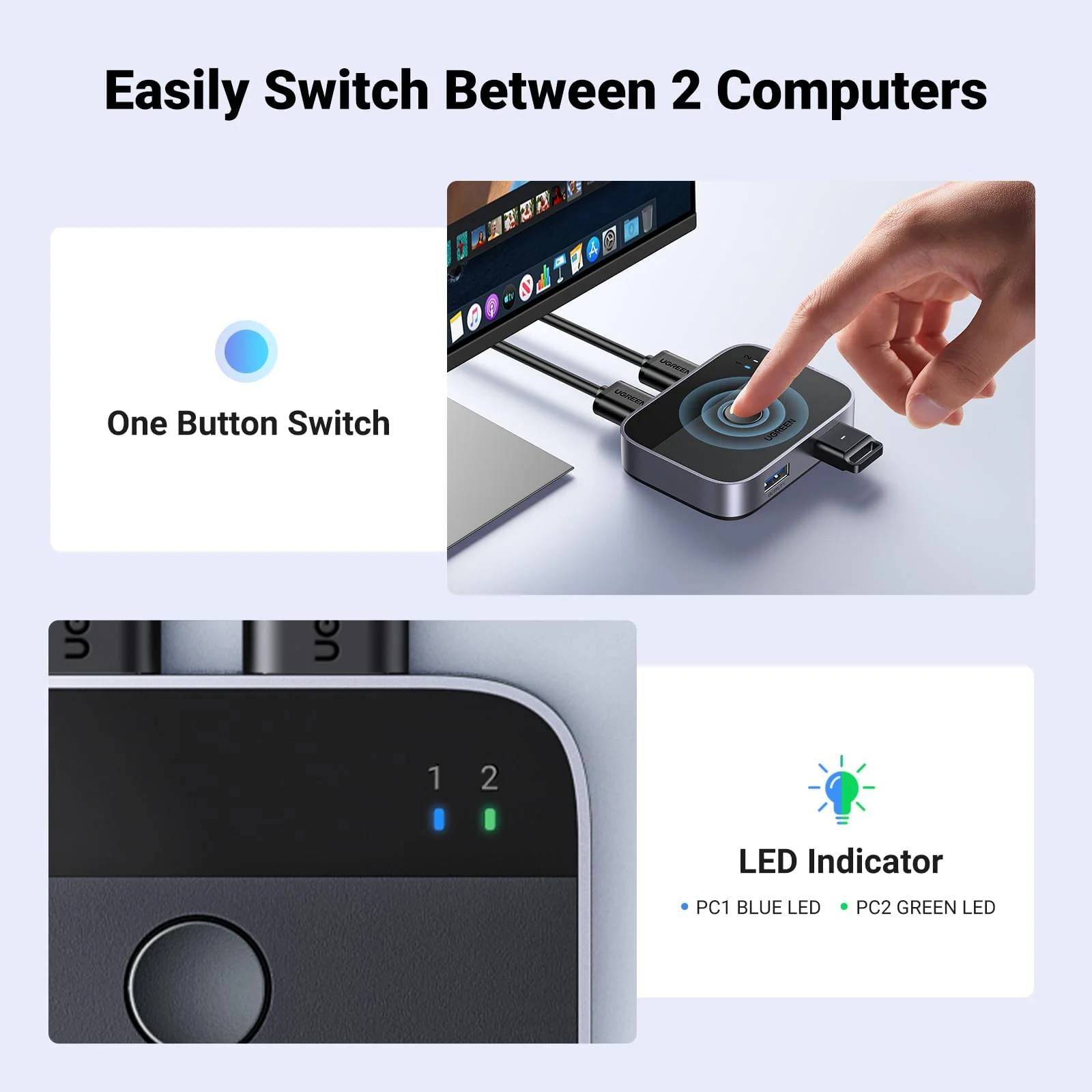 UGREEN USB 3.0 Switch 2 in 2 Out, USB Switcher 2 Computers Sharing Keyboard and Mouse Printer Scanner Webcam, Printer Splitter for 2 Computers, 2 Port USB Selector Switch with 2 USB3.0 Cables - Image 5