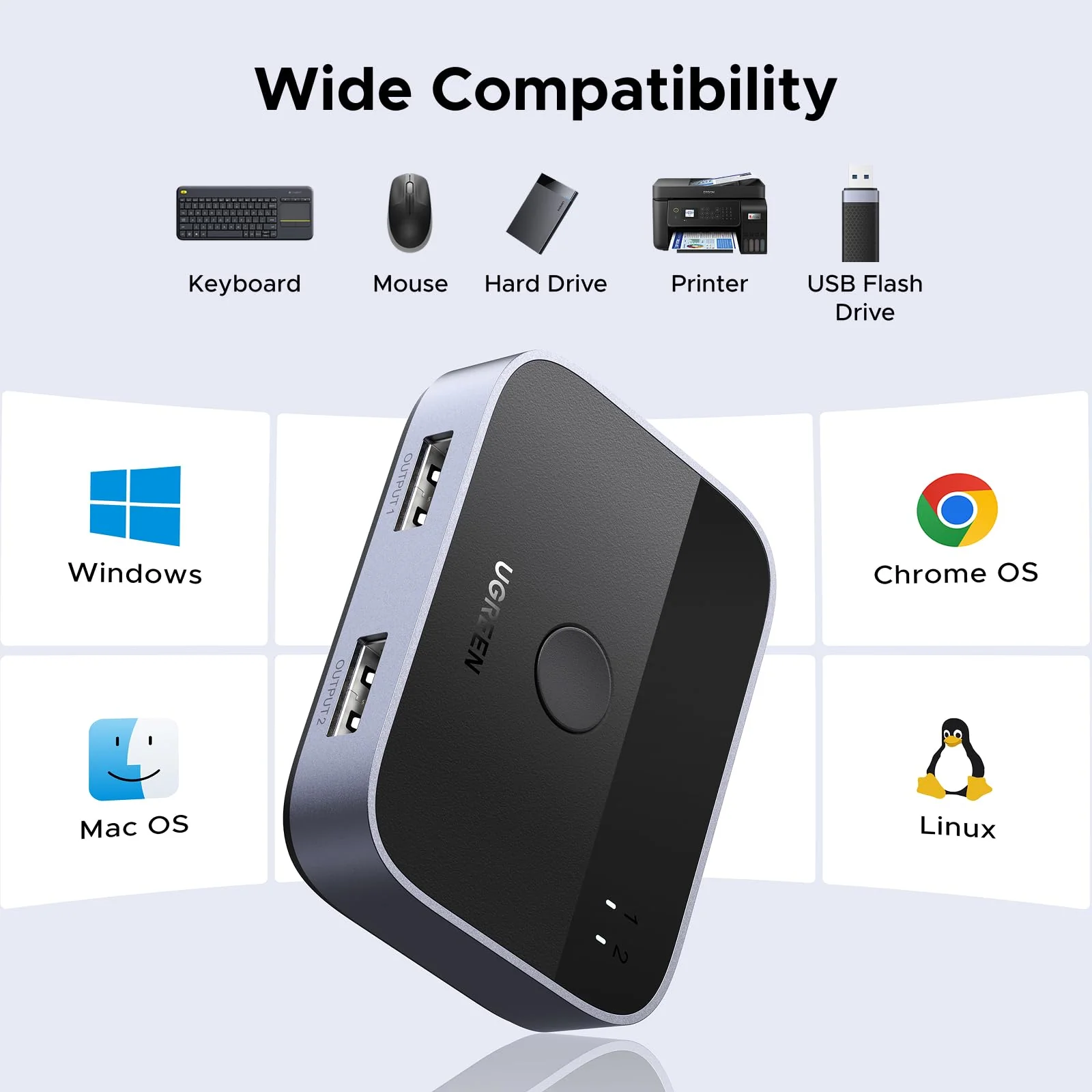 UGREEN USB 3.0 Switch 2 in 2 Out, USB Switcher 2 Computers Sharing Keyboard and Mouse Printer Scanner Webcam, Printer Splitter for 2 Computers, 2 Port USB Selector Switch with 2 USB3.0 Cables - Image 6