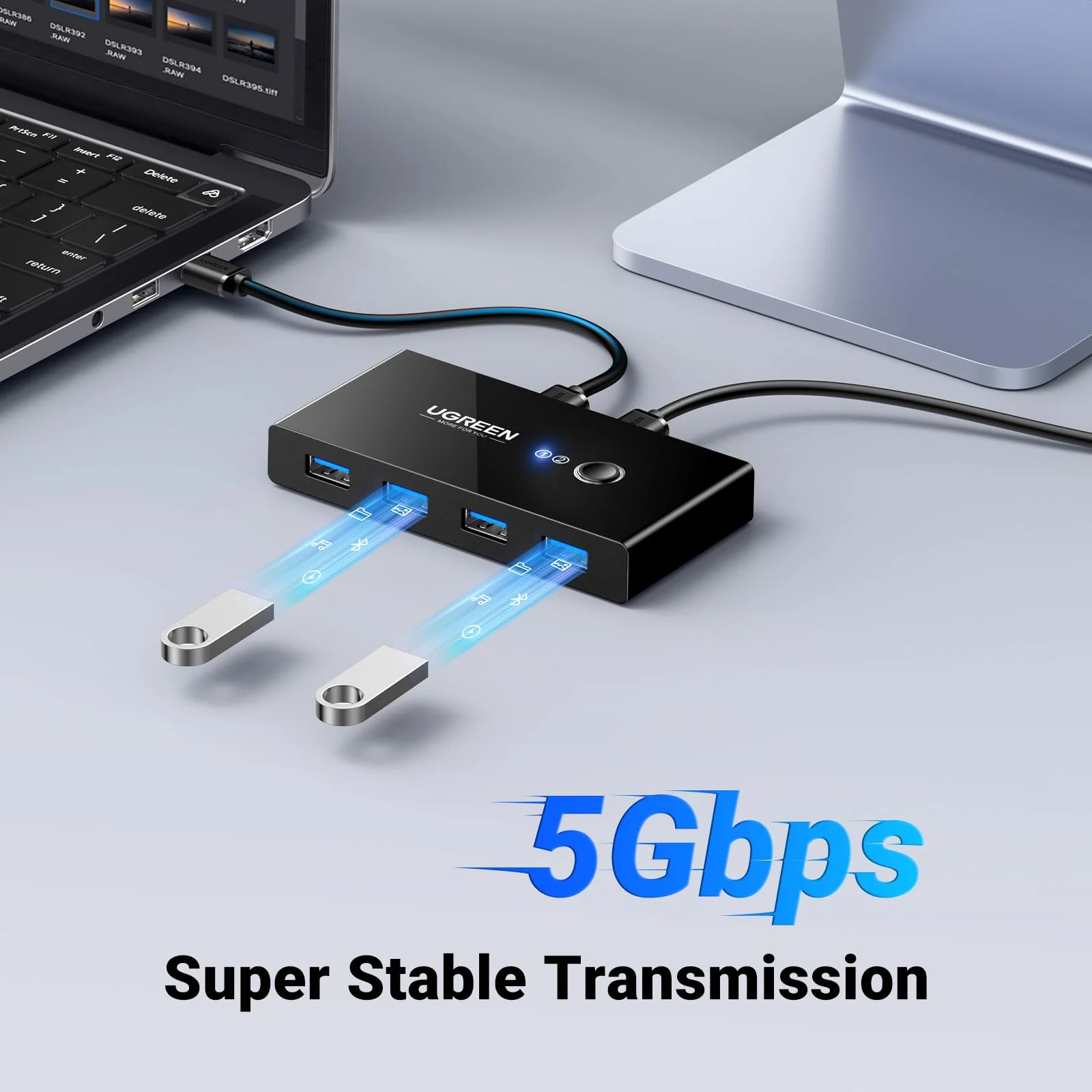 UGREEN USB 3.0 Switch Selector 2 Computers Share 4 USB Ports USB Switcher USB for PC Laptop Keyboard Mouse Printer Scanner One Button Switch Adapter with 2 Pack USB 3.0 Cables - Image 3