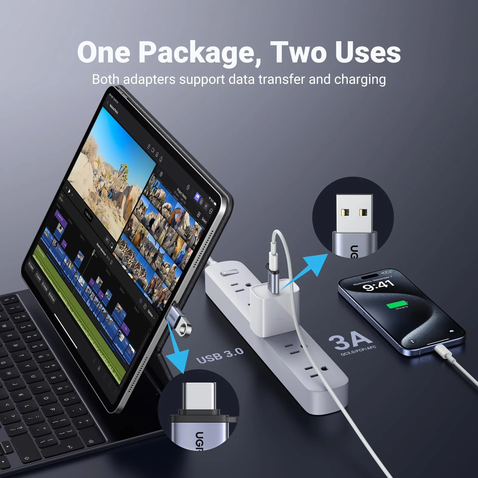 UGREEN USB to USB C Adapter USB C Male to USB 3.0 Female 2 Pack,10Gbps USB C Female to USB Male Adapter Thunderbolt Compatible with iPhone 16 15, MacBook, iPad, Samsung Galaxy,Apple MagSafe Watch 9/8 - Image 2