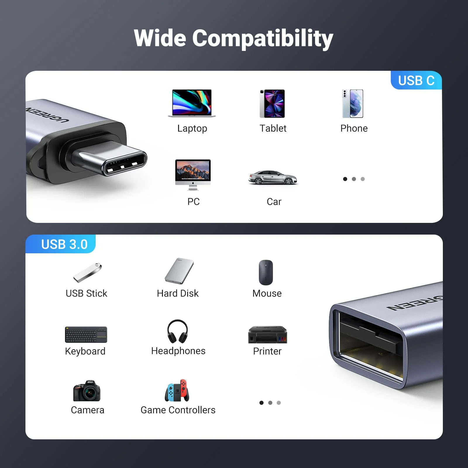 UGREEN USB to USB C Adapter USB C Male to USB 3.0 Female 2 Pack,10Gbps USB C Female to USB Male Adapter Thunderbolt Compatible with iPhone 16 15, MacBook, iPad, Samsung Galaxy,Apple MagSafe Watch 9/8 - Image 6