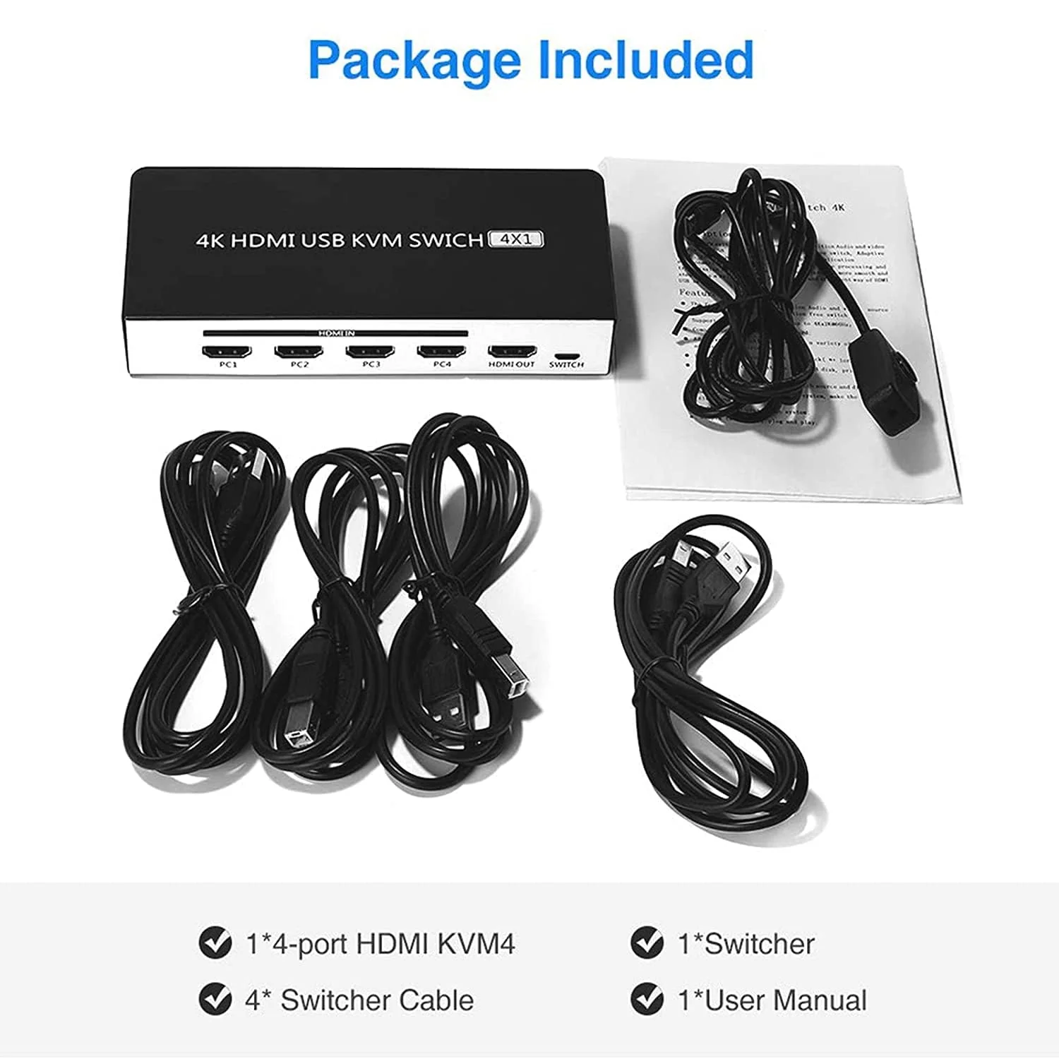 UHD HDMI KVM Switch, Max 4K@30Hz Selector Switch, HDMI Switcher 4x1 with 4 USB Ports Peripheral Box Switching Hub,1 Button Switch and 4 Cables, 4 Switching Ways for Option - Image 8