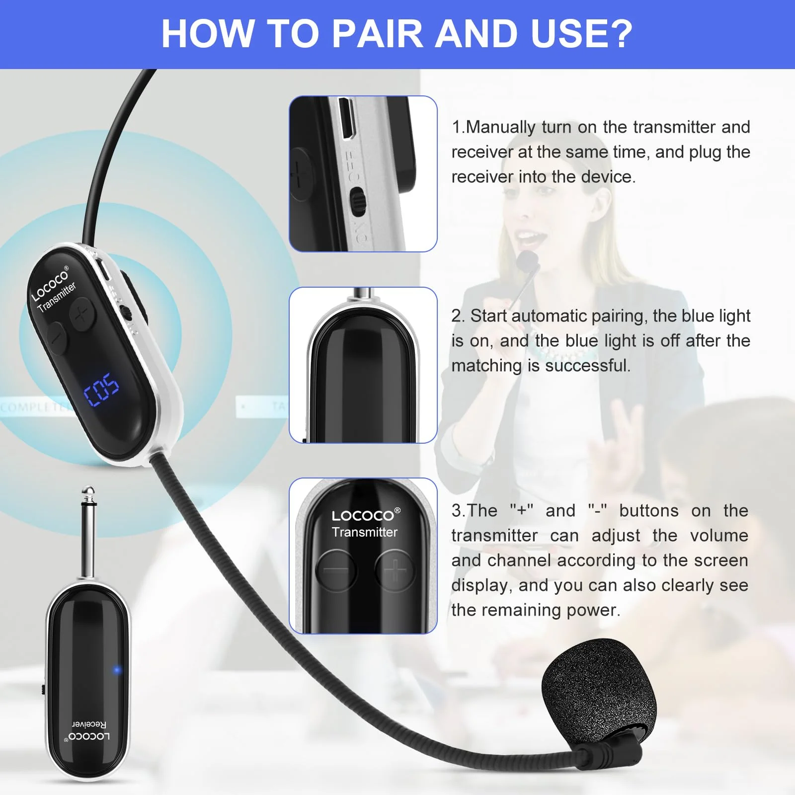UHF Wireless Headset Microphone System: Mic Headset - LED Digital Display, Head Handheld Mic 2 in 1, Working Time 6H, 165 ft Range Mics for Voice Amplifier, Tour Guide, Teaching, Fitness, PA System Black1 - Image 7