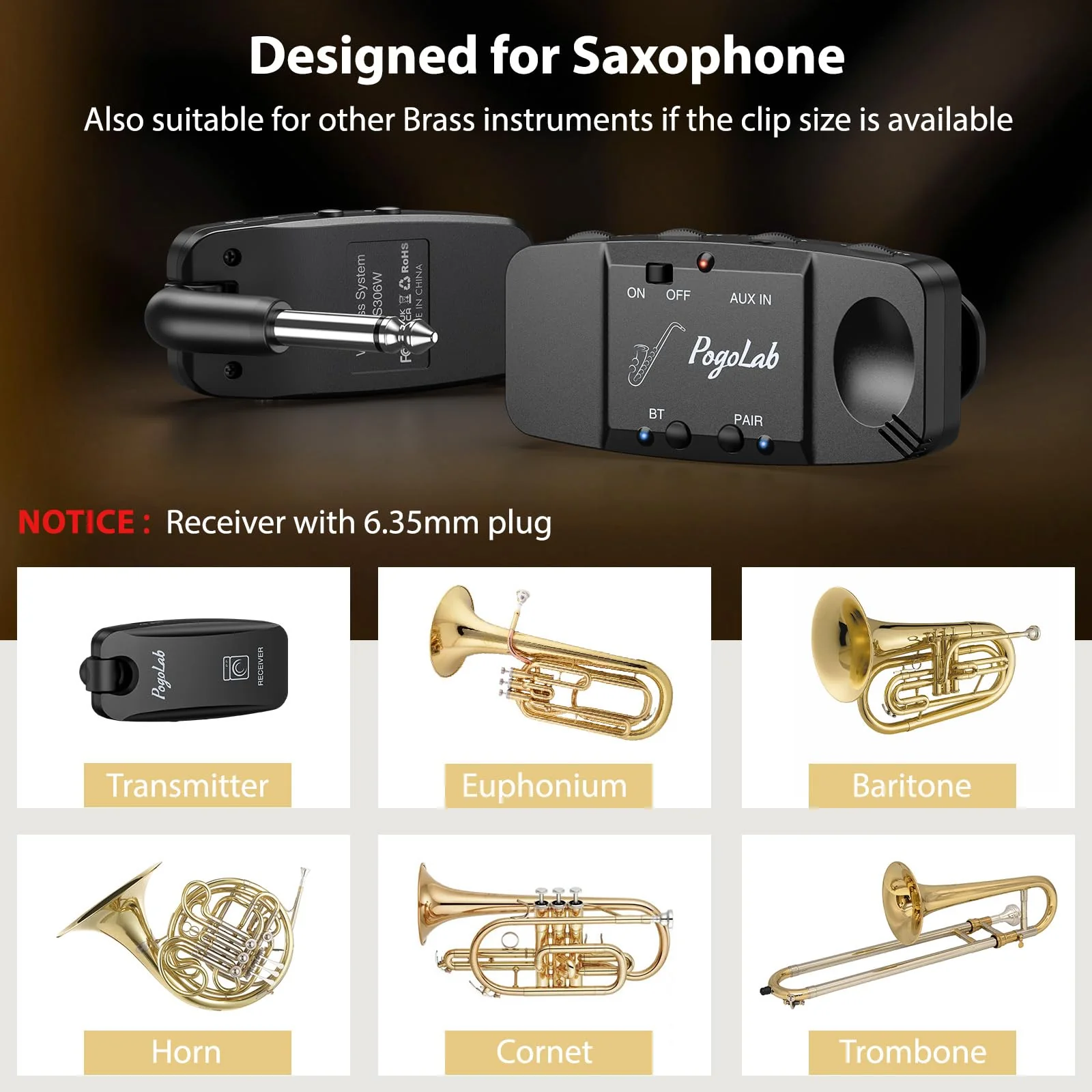 UHF Wireless Saxophone Microphone System, Rechargeable Mic Pickup System with Storage Case, 164 Feet Range, Clip-On Transmitter with Treble/Bass/Middle Adjustment, for Most Brass Instruments - Image 7