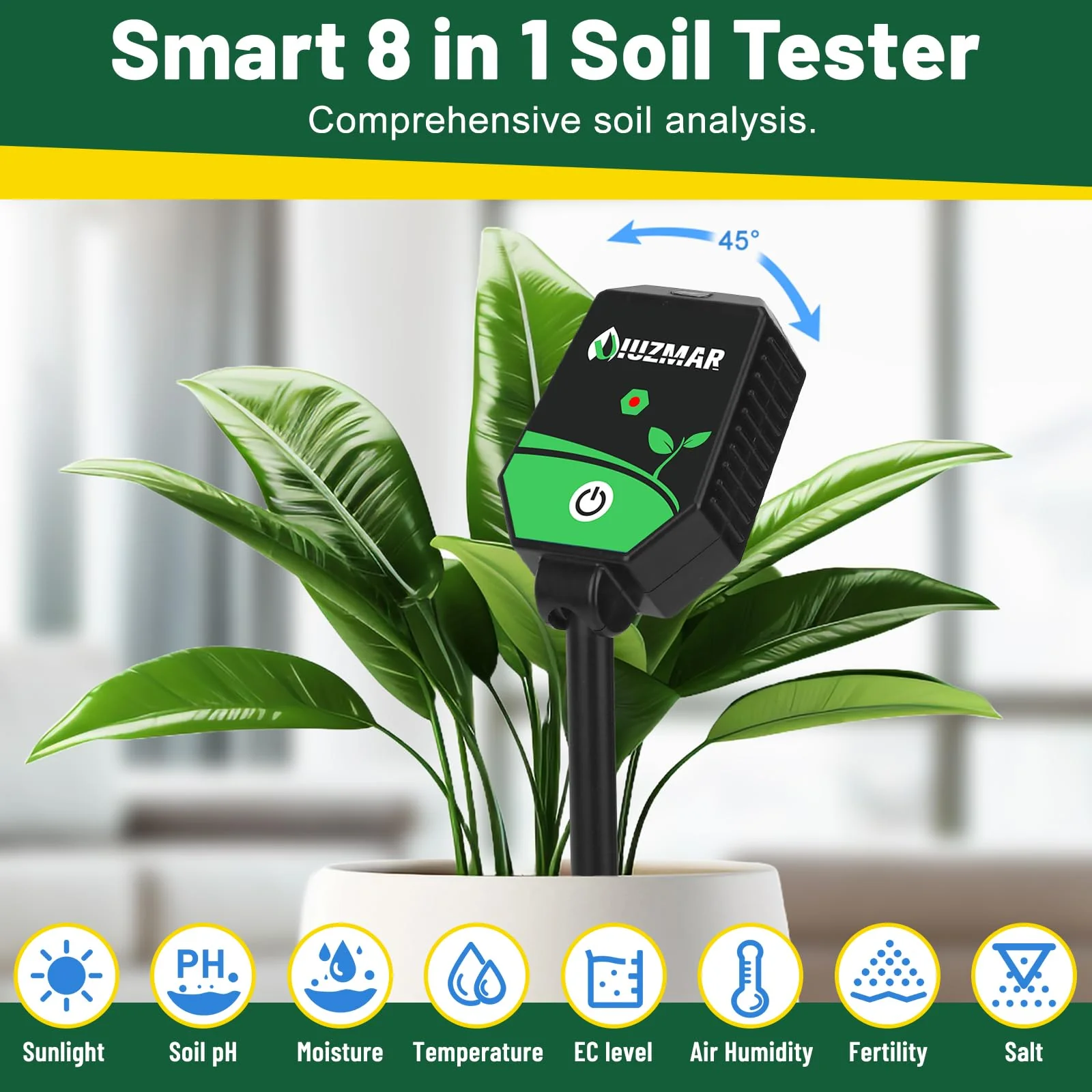 UIUZMAR Soil pH Meter Soil Moisture Meter 8 in 1 Fertility Salt Moisture pH EC Light Humidity Temp Accurate Soil pH Test Kit for Garden and Hydroponics 8 in 1 Soil Meter - Image 2
