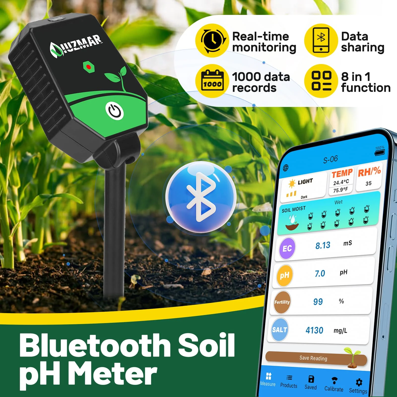 UIUZMAR Soil pH Meter Soil Moisture Meter 8 in 1 Fertility Salt Moisture pH EC Light Humidity Temp Accurate Soil pH Test Kit for Garden and Hydroponics 8 in 1 Soil Meter - Image 3