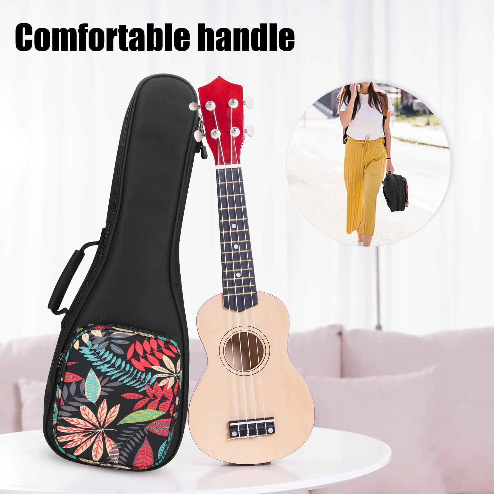 Ukulele Bag,21 23 26 Ukelele Case Thicker Pad For Soprano Concert Tenor Uke with Double Adjustable Straps and Handle (23 Inch, Black Leaves) 23 Inch - Image 2