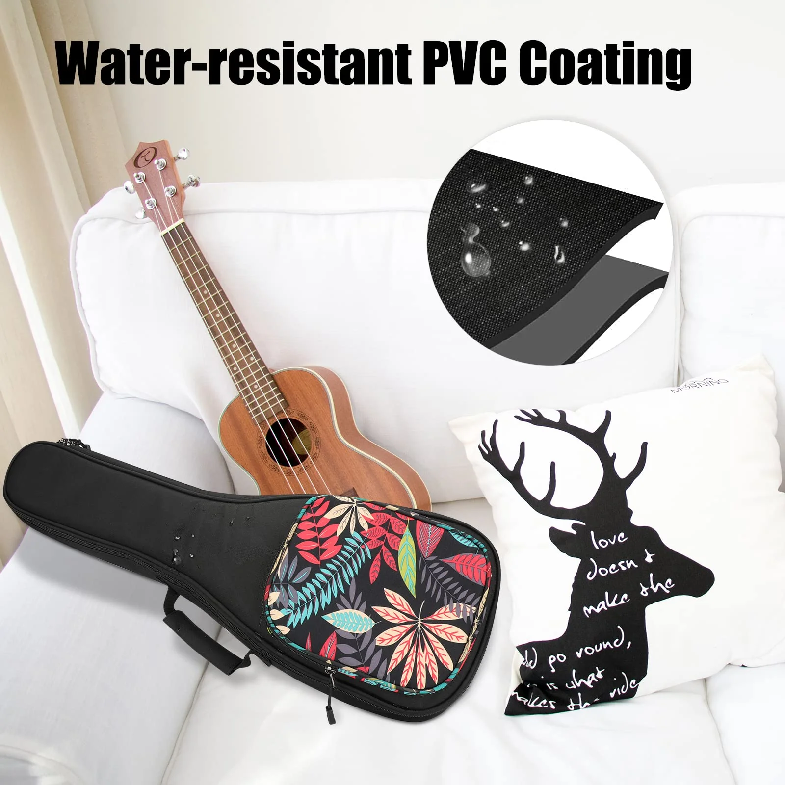 Ukulele Bag,21 23 26 Ukelele Case Thicker Pad For Soprano Concert Tenor Uke with Double Adjustable Straps and Handle (23 Inch, Black Leaves) 23 Inch - Image 4