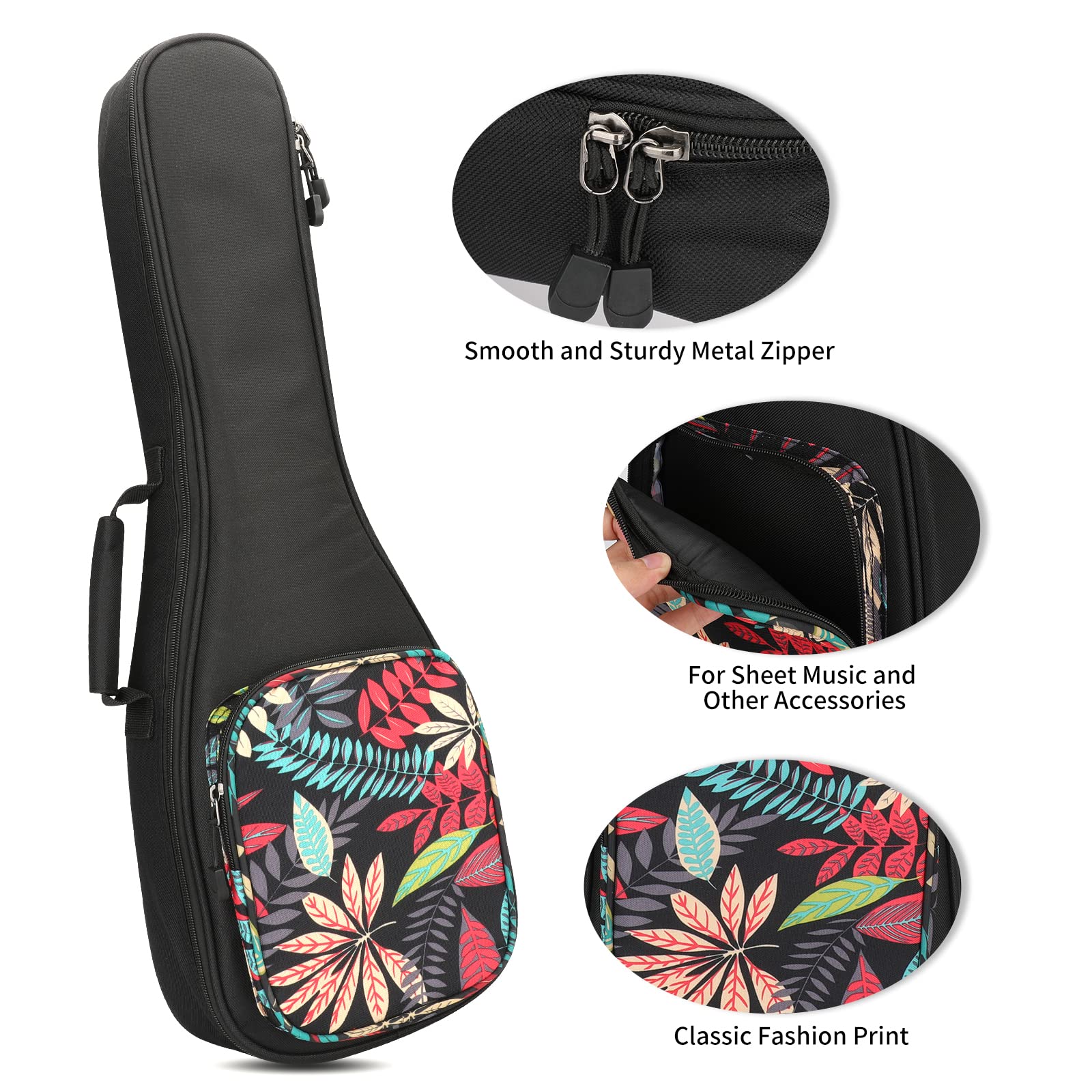 Ukulele Bag,21 23 26 Ukelele Case Thicker Pad For Soprano Concert Tenor Uke with Double Adjustable Straps and Handle (23 Inch, Black Leaves) 23 Inch - Image 5