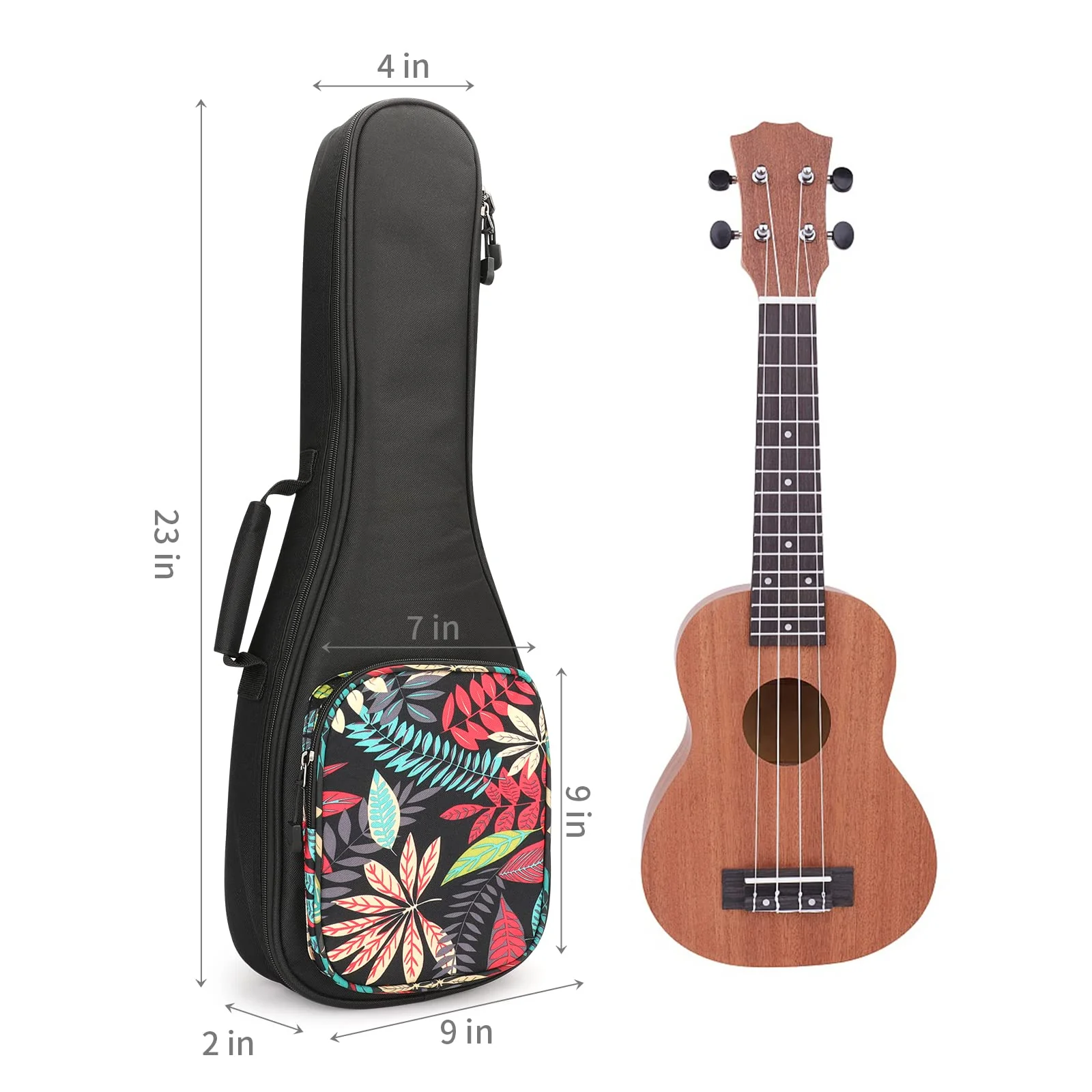 Ukulele Bag,21 23 26 Ukelele Case Thicker Pad For Soprano Concert Tenor Uke with Double Adjustable Straps and Handle (23 Inch, Black Leaves) 23 Inch - Image 6