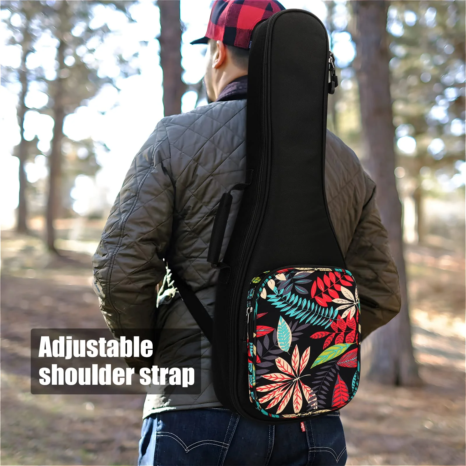 Ukulele Bag,21 23 26 Ukelele Case Thicker Pad For Soprano Concert Tenor Uke with Double Adjustable Straps and Handle (23 Inch, Black Leaves) 23 Inch - Image 7