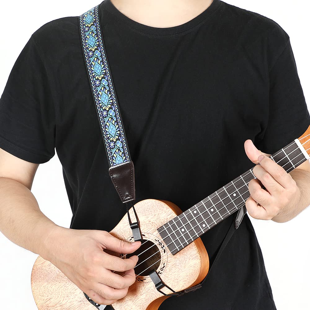 Ukulele Strap No Drill, Adjustable Double J Hook Clip on Uke Shoulder Strap, Hawaiian Jacquard Blue Flower Hands Free Ukelele Strap, Easy to Use and Fit Most Standard Uke Sizes Jacquard Blue Flowers - Image 2