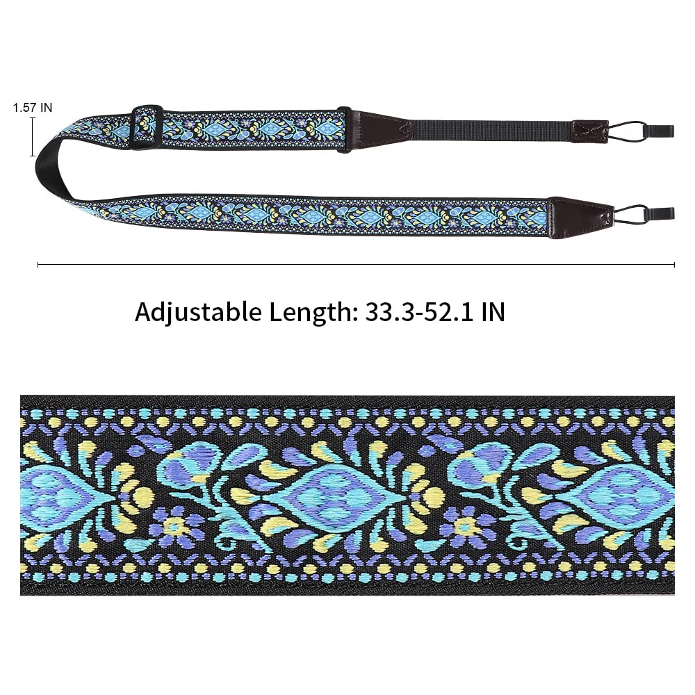 Ukulele Strap No Drill, Adjustable Double J Hook Clip on Uke Shoulder Strap, Hawaiian Jacquard Blue Flower Hands Free Ukelele Strap, Easy to Use and Fit Most Standard Uke Sizes Jacquard Blue Flowers - Image 3