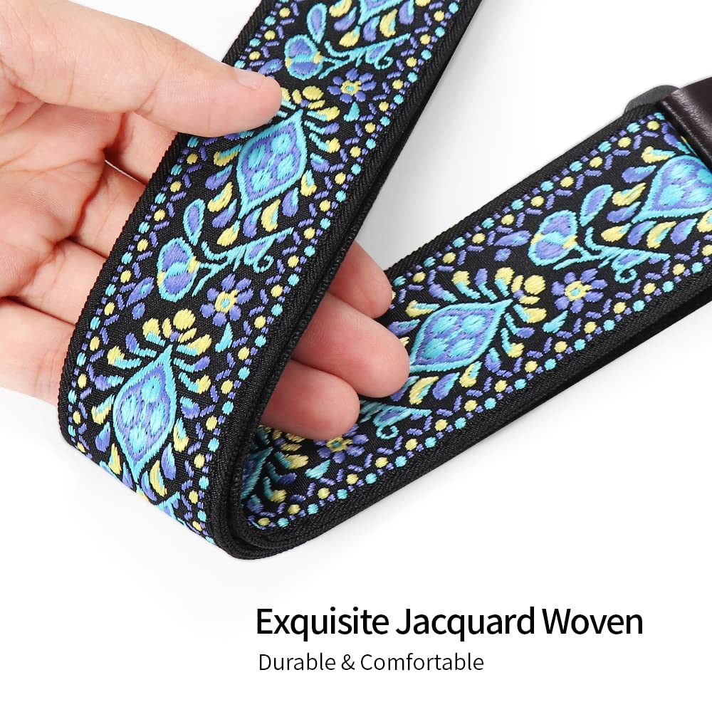 Ukulele Strap No Drill, Adjustable Double J Hook Clip on Uke Shoulder Strap, Hawaiian Jacquard Blue Flower Hands Free Ukelele Strap, Easy to Use and Fit Most Standard Uke Sizes Jacquard Blue Flowers - Image 4