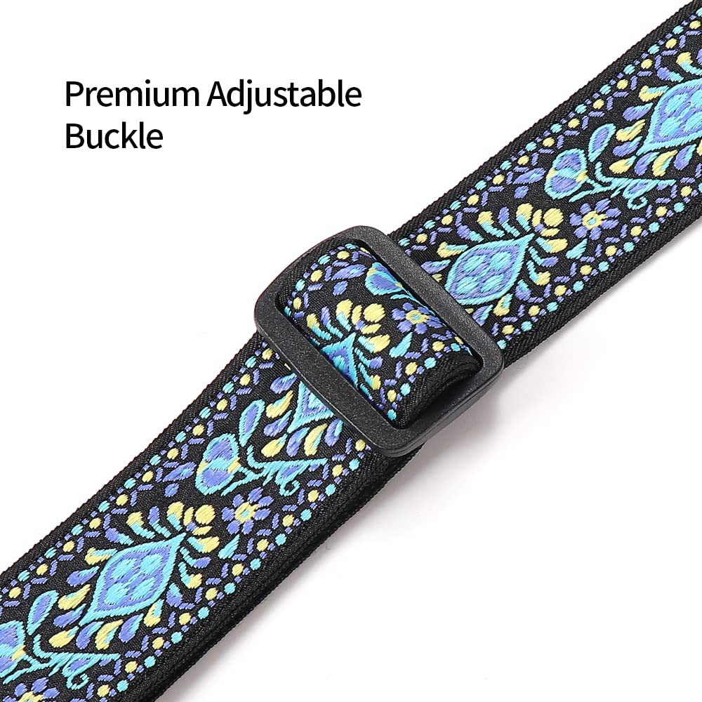 Ukulele Strap No Drill, Adjustable Double J Hook Clip on Uke Shoulder Strap, Hawaiian Jacquard Blue Flower Hands Free Ukelele Strap, Easy to Use and Fit Most Standard Uke Sizes Jacquard Blue Flowers - Image 5