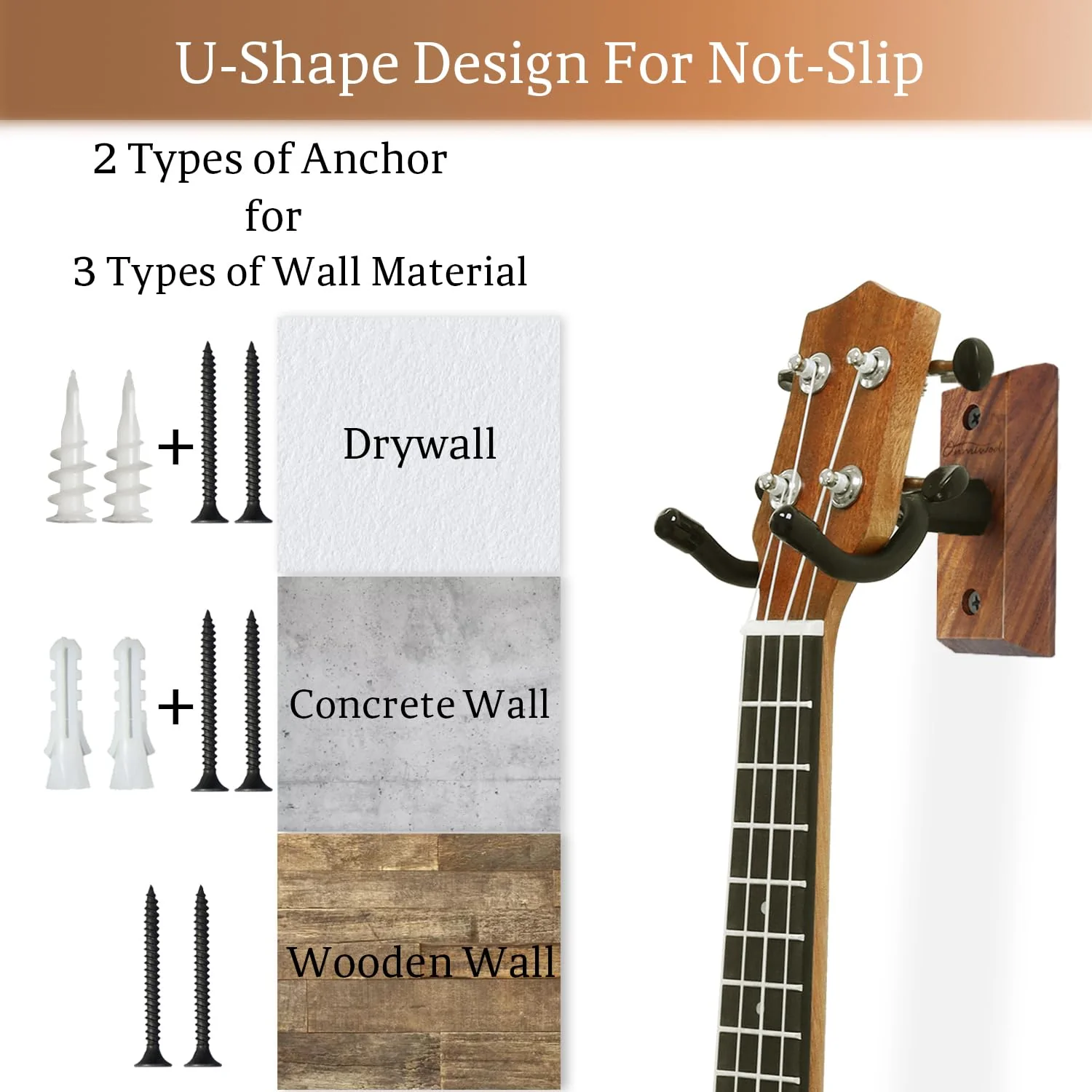 Ukulele Wall Mount Hanger, Black Walnut Wood U-Shaped Ukulele Holder Hanger, Ukulele Wall Mount Hook for Ukulele Banjo Mandolin Concert Pineapple Soprano Tenor and Baritone - Image 3