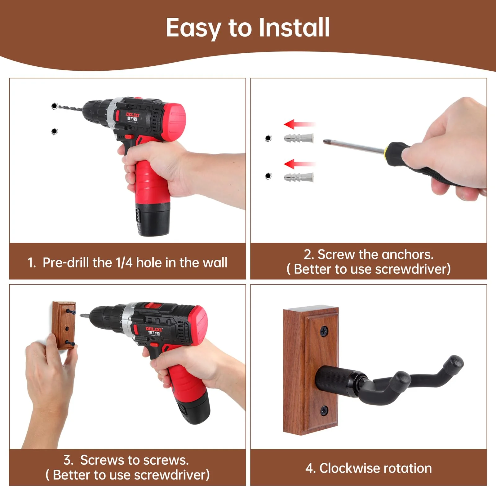 Ukulele Wall Mount Hanger, Ukulele Hanger Holder For Ukele Concert Pineapple Soprano Tenor Baritone Mandolin and Banjo, Black Walnut Hardwood Ukulele Wall Hook Display For Home, Studio, Concert. - Image 6