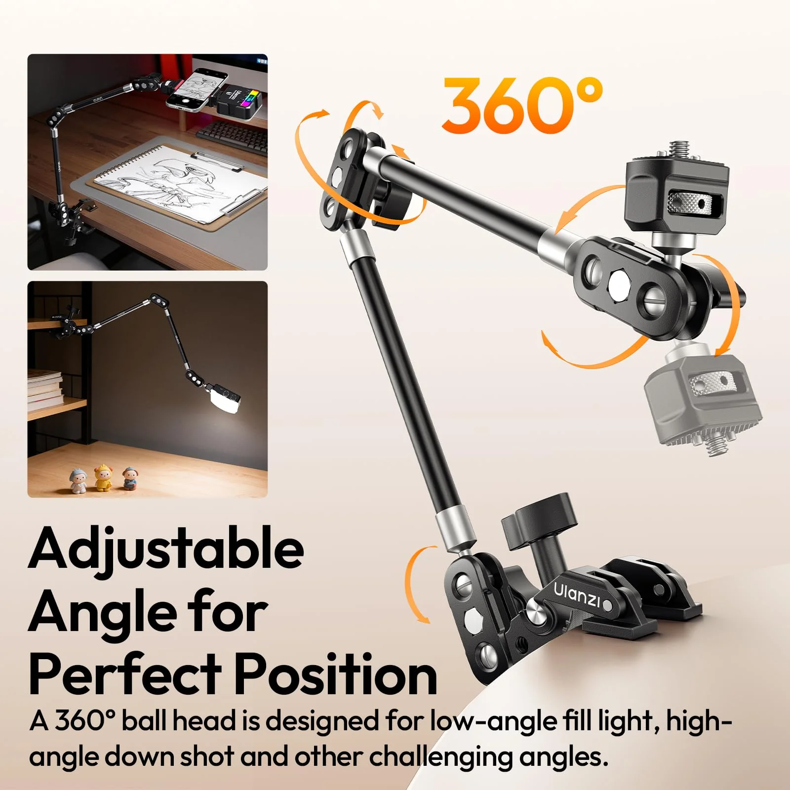 ULANZI 22'' CO78 Magic Arm w Desk C Clamp, Camera Mount Articulating Friction Arm w Super Clamp, 1/4" & ARRI Pins, Overhead Phone Mount Holder Stand, 1kg f Phone & Action Cam, Video Light - Image 2