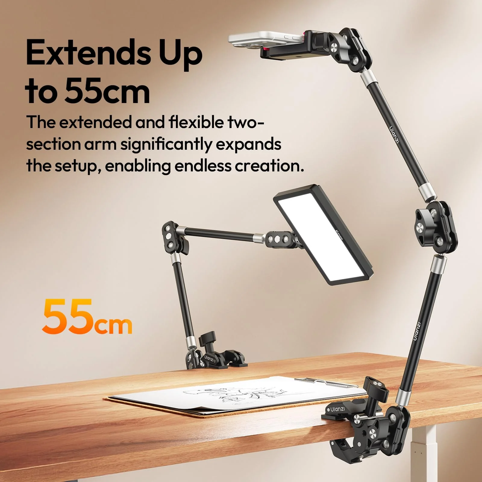 ULANZI 22'' CO78 Magic Arm w Desk C Clamp, Camera Mount Articulating Friction Arm w Super Clamp, 1/4" & ARRI Pins, Overhead Phone Mount Holder Stand, 1kg f Phone & Action Cam, Video Light - Image 3