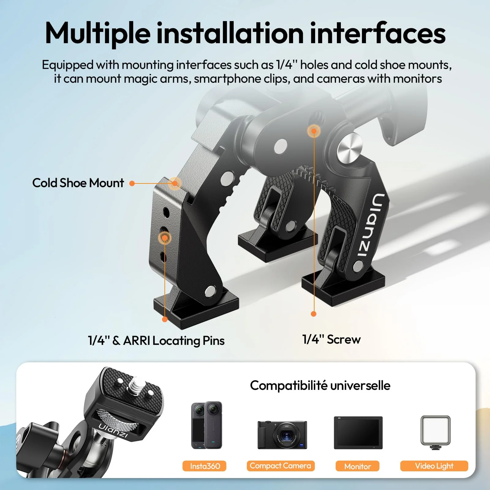 ULANZI CO78 Super Clamp Kit w Magic Arm, for Action Cam – 1/4" & ARRI Locating Pins + Cold Shoe Mount, 3-Jaw & Dual Ball Head Designed for Flexible, Low & High Angle Shot, Load Capacity Within 1kg - Image 5
