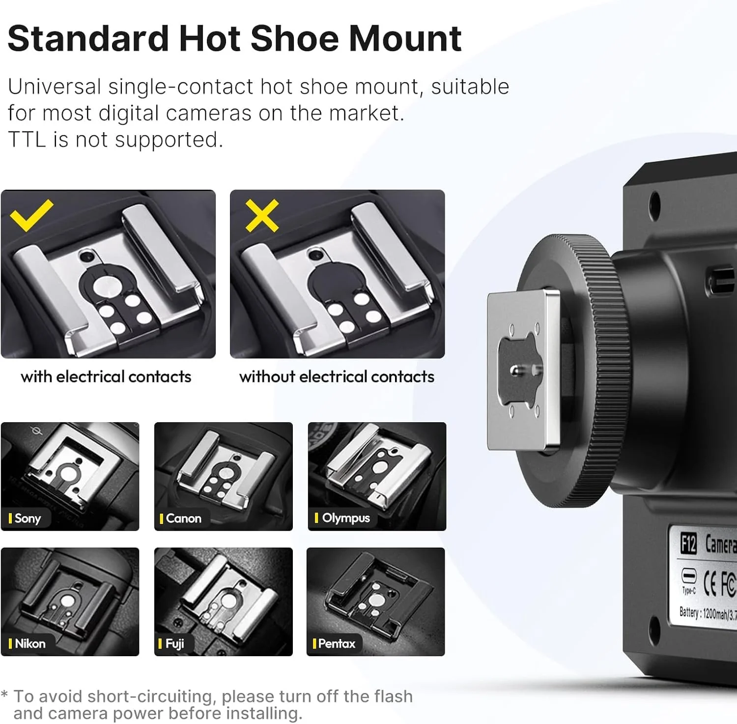 ULANZI F12 Mini Flash, GN12/CCT 5600K Camera Speedlite Flash for Canon Fuji Sony Nikon Panasonic Olympus Pentax, Single Contact Universal Hot Shoe Mount Flashlight, NOt Compatible with Sony ZV-1F Black - Image 2