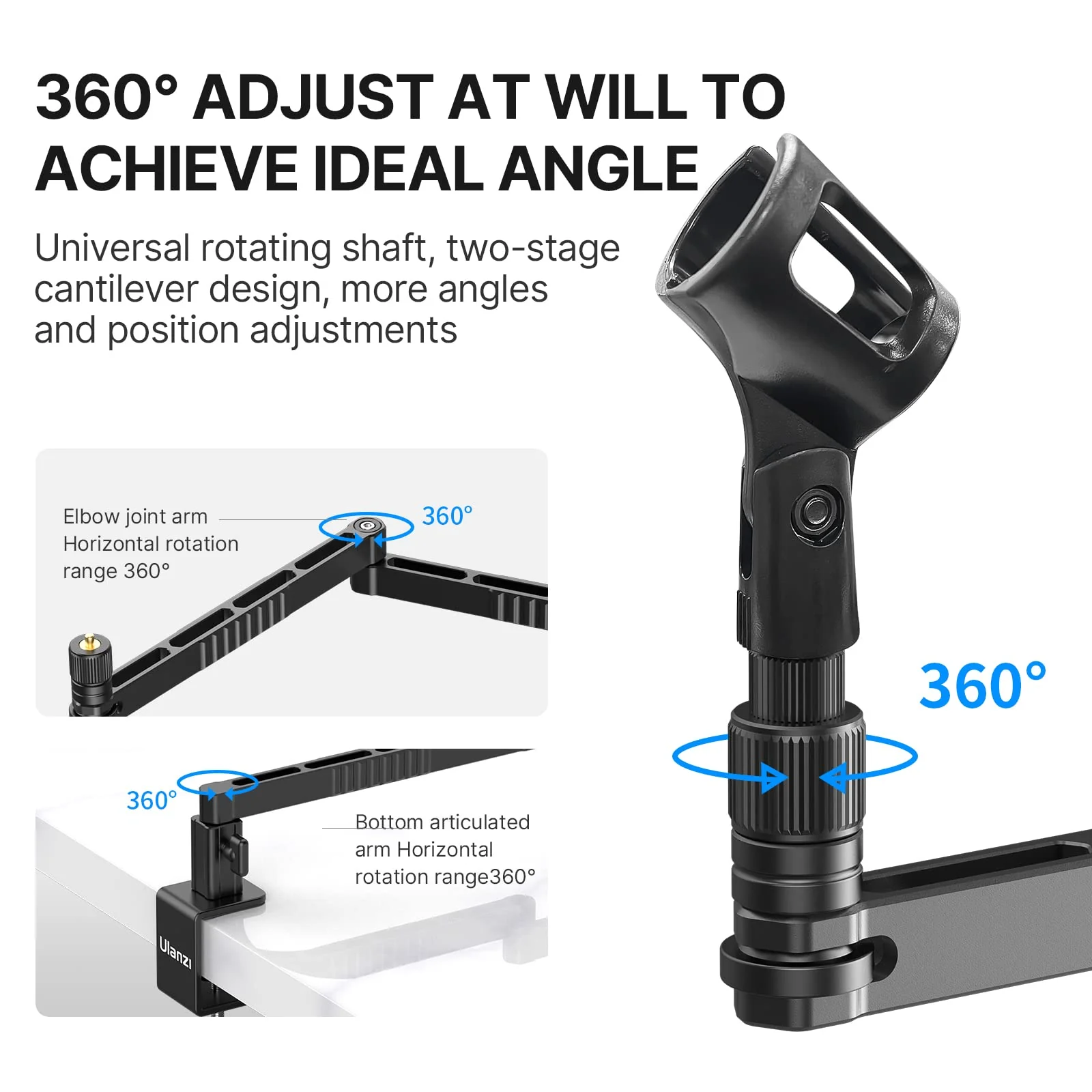 ULANZI LS26 Low Profile Mic Arm, Aluminum 360° Rotatable Foldable Microphone Low Arm Desk Mount for Podcast/Streaming/Gaming/Radio Studio w Mic Clip 1/4" 3/8" 5/8" Screw for Most Mics - Image 5