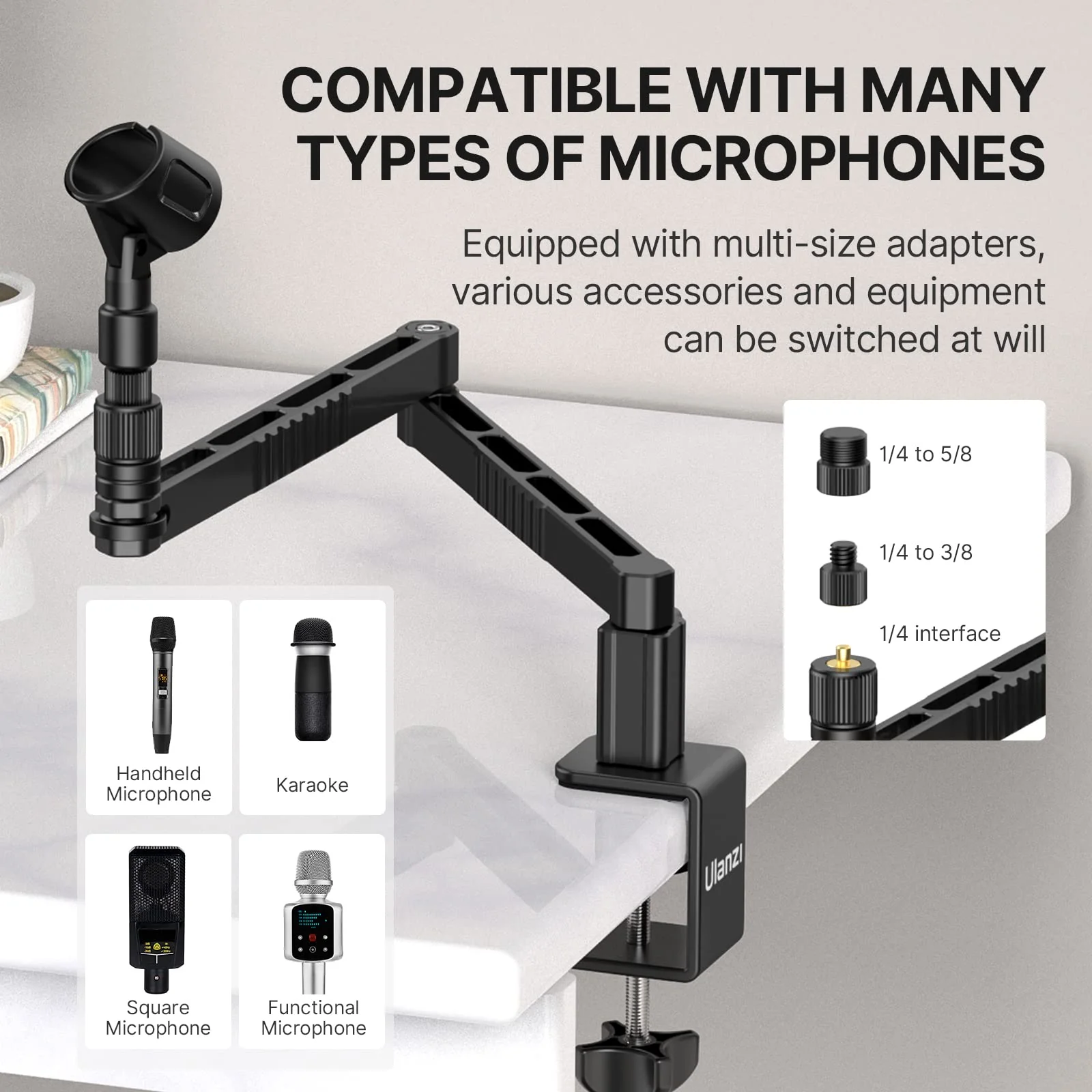 ULANZI LS26 Low Profile Mic Arm, Aluminum 360° Rotatable Foldable Microphone Low Arm Desk Mount for Podcast/Streaming/Gaming/Radio Studio w Mic Clip 1/4" 3/8" 5/8" Screw for Most Mics - Image 6