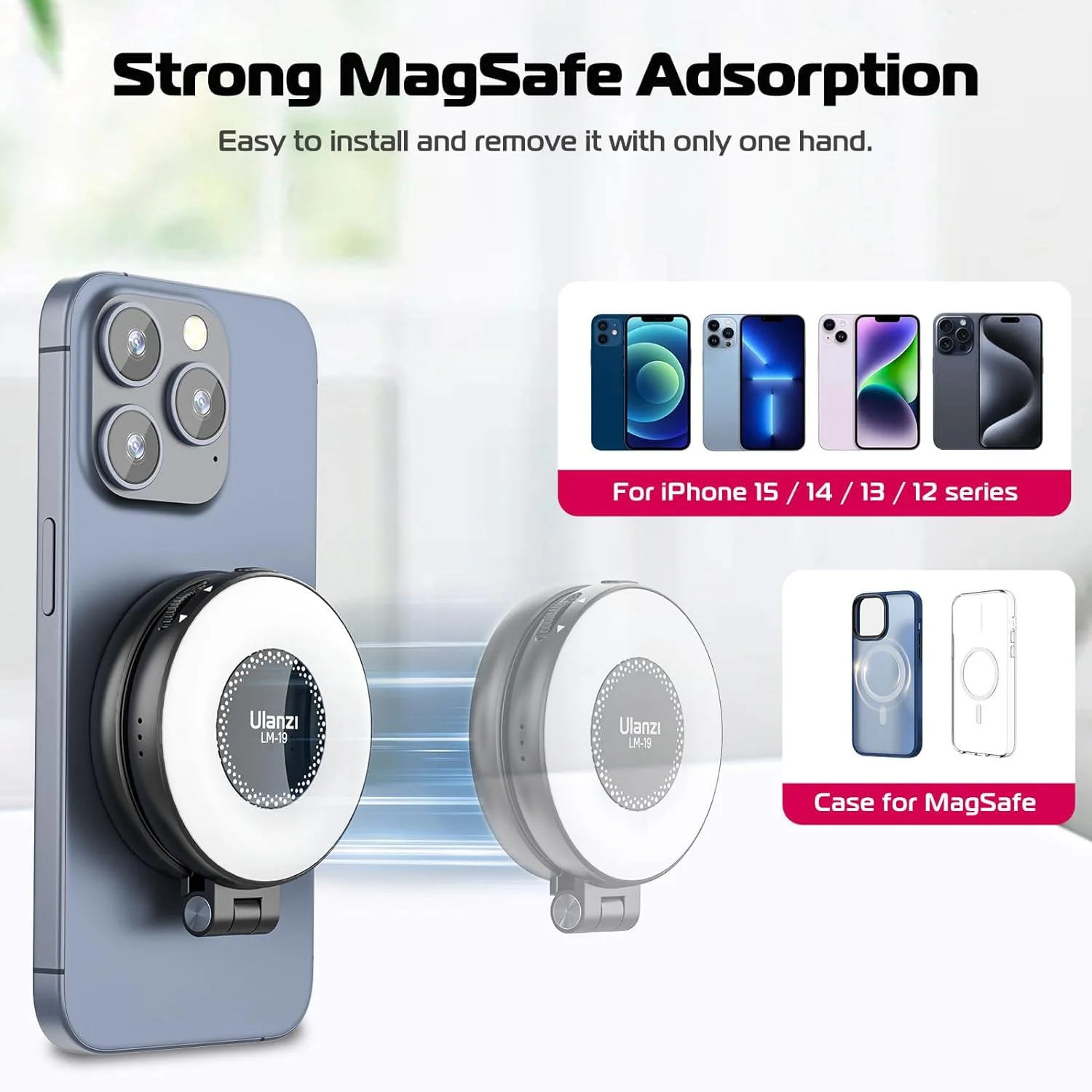ULANZI Magnetic Selfie Light, LED Fill Light Compatible with Magsafe, LED Selfie Ring Light Included Sticky Ring for Phones, for Selfies/Photography/TikTok/Zoom Calls/Video Conference Color Black - Image 2