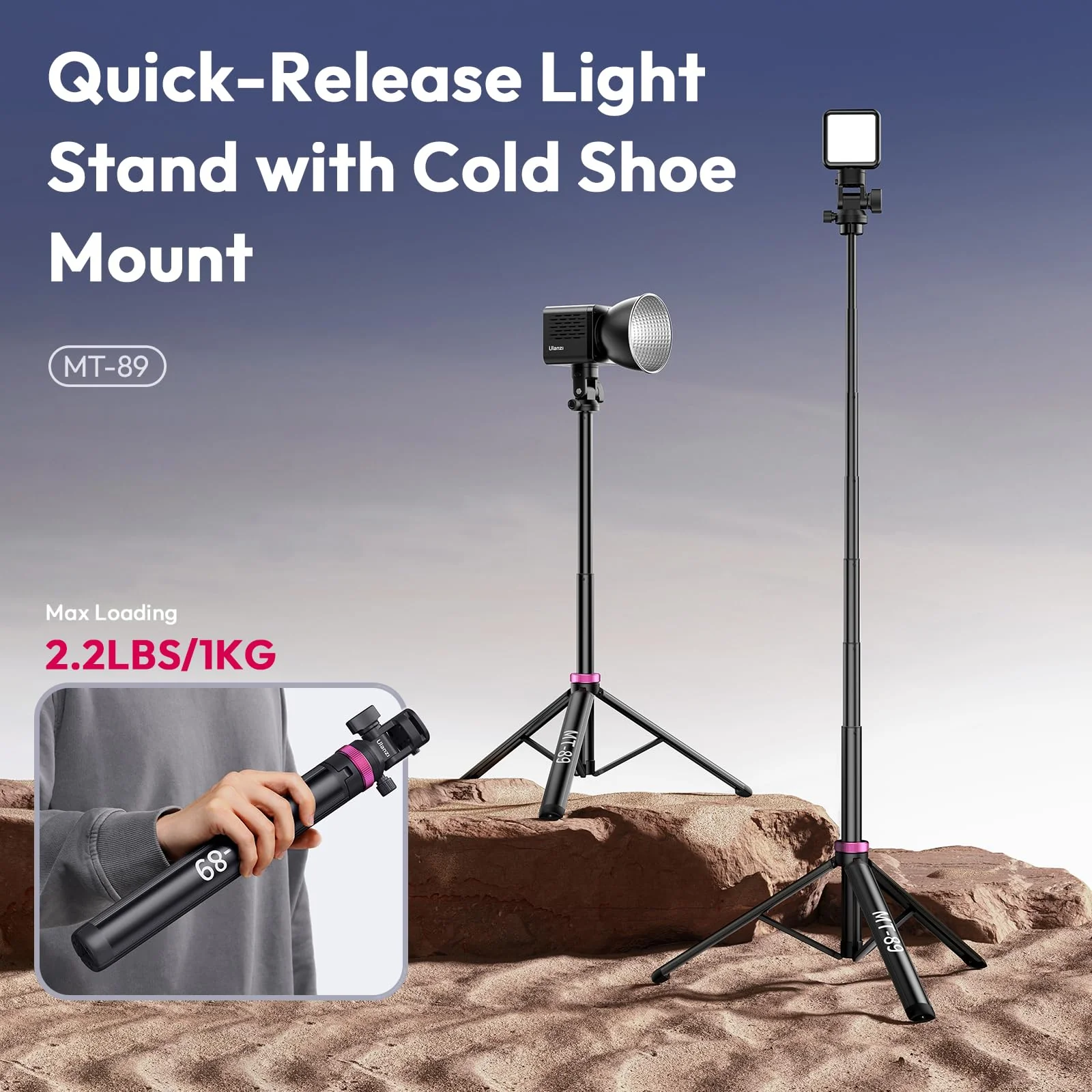 ULANZI MT-89 Extendable Tripod Aluminum, 82" Portable Adjustable Light Stand with 1/4" Screw Quick Release, Camera Phone Tripod for Camera Video Light Smartphone, Lightweight for Travel,Up Load 2.2LBS 82 inch-Original Version - Image 2
