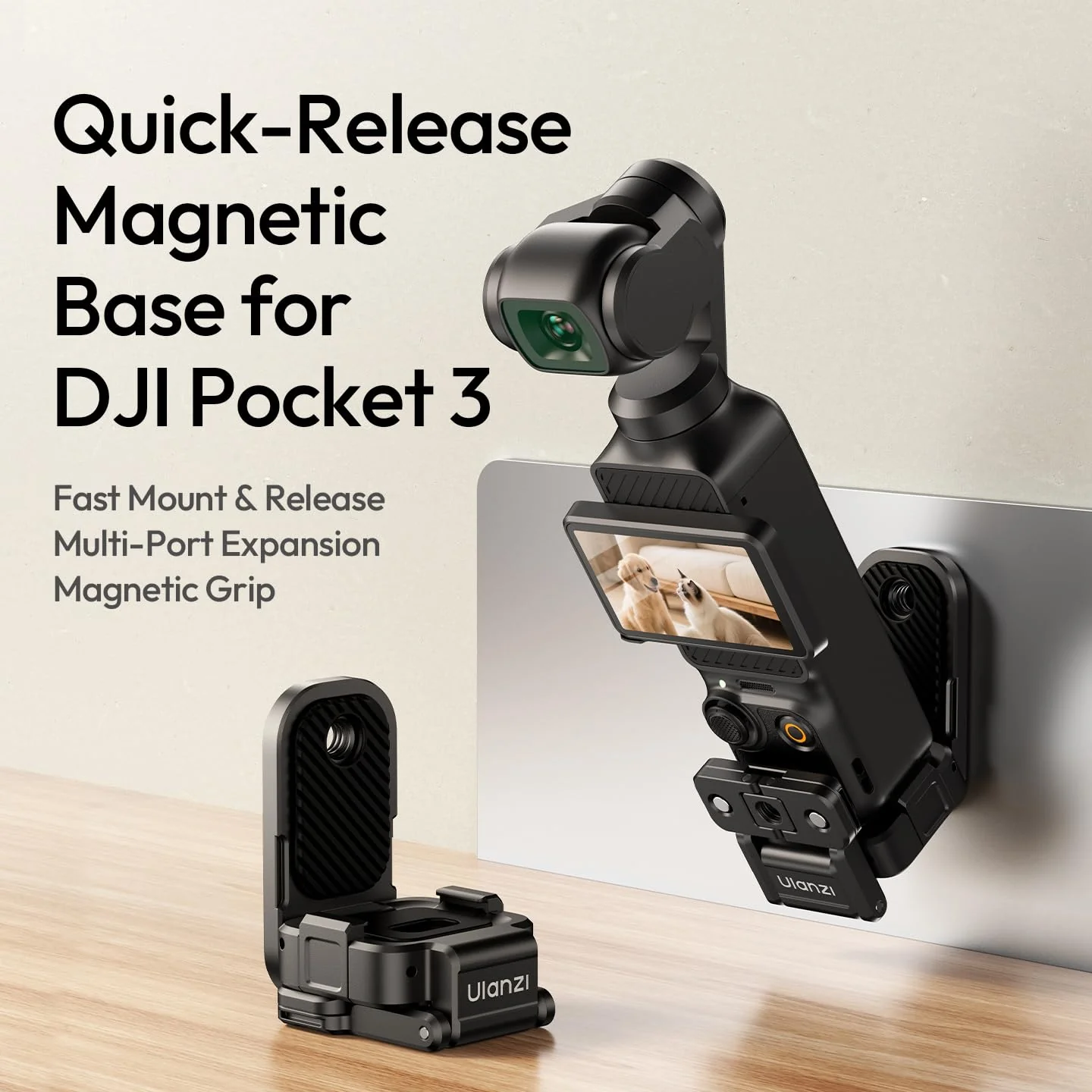 ULANZI PK16 Magnetic Mount Stand Compatible with DJI OSMO Pocket 3, 270° Adjustable Camera Mount, 1/4'' Mount Foldable Quick Release Camera Stand Base for Indoor Shooting Vlog Live Streaming Gym Video - Image 2