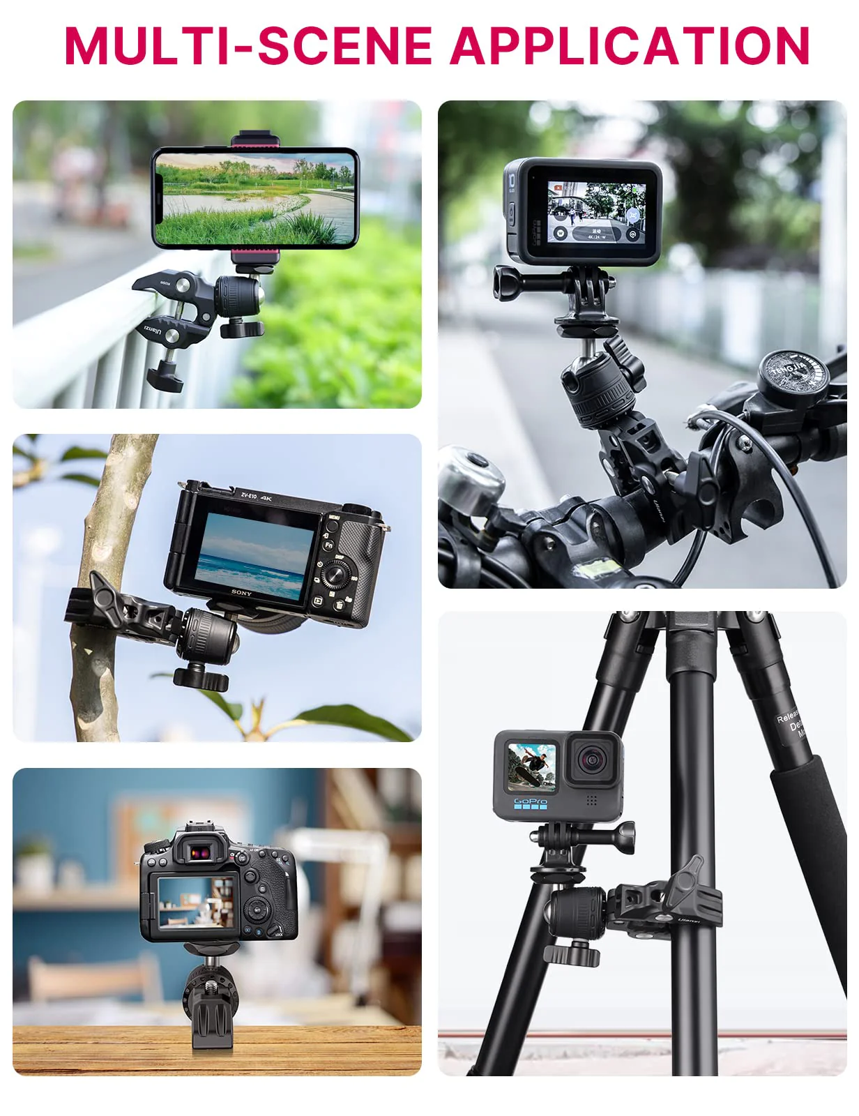 ULANZI R099 Super Clamp Camera Mount - Heavy Duty 3.3lb Load Metal Clamp with 360° Ball Head for Action Cameras (GoPro/Insta360/DJI), DSLR, Bike/Motorcycle Handlebar, Pole/Tube Mount Accessories - Image 2