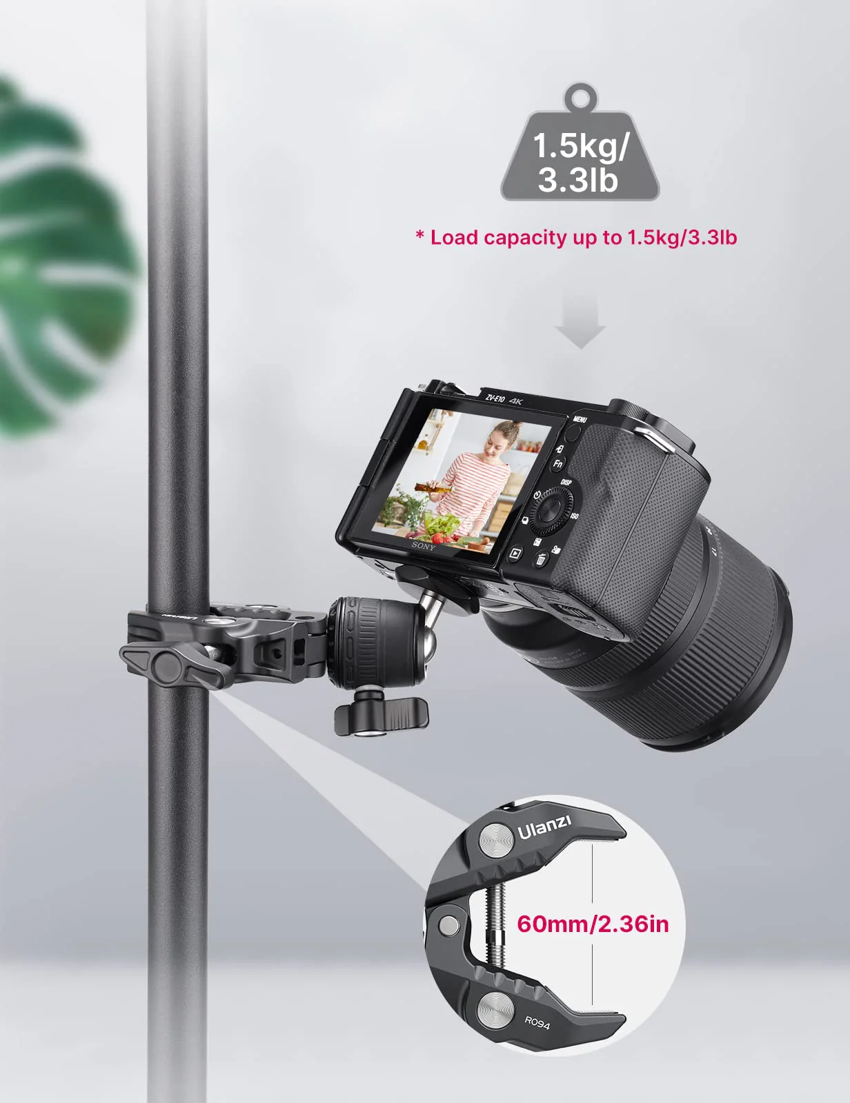 ULANZI R099 Super Clamp Camera Mount - Heavy Duty 3.3lb Load Metal Clamp with 360° Ball Head for Action Cameras (GoPro/Insta360/DJI), DSLR, Bike/Motorcycle Handlebar, Pole/Tube Mount Accessories - Image 3
