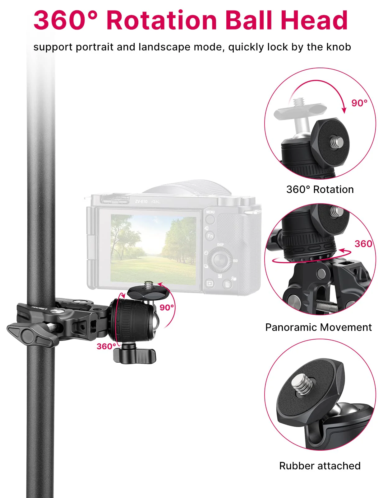 ULANZI R099 Super Clamp Camera Mount - Heavy Duty 3.3lb Load Metal Clamp with 360° Ball Head for Action Cameras (GoPro/Insta360/DJI), DSLR, Bike/Motorcycle Handlebar, Pole/Tube Mount Accessories - Image 4