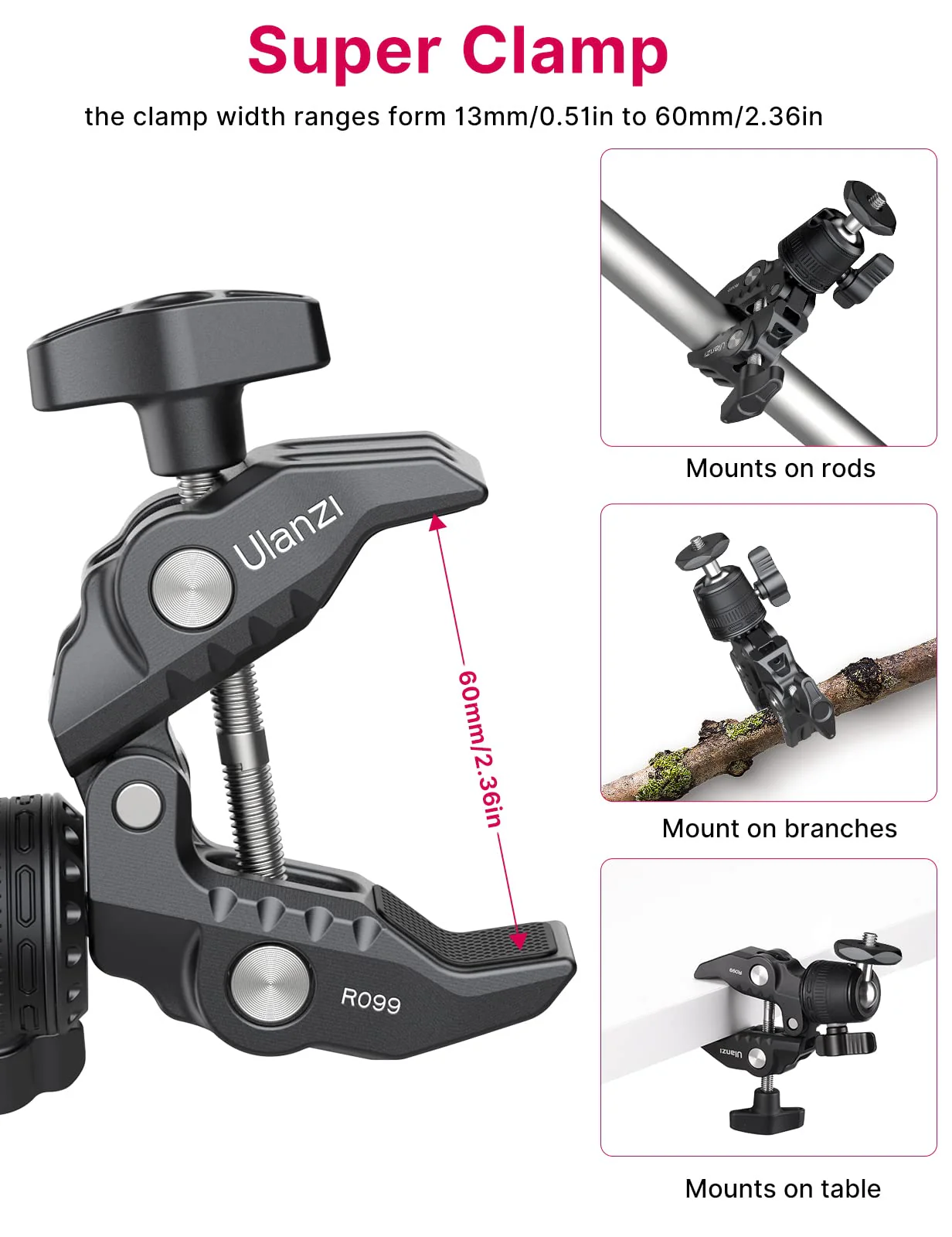 ULANZI R099 Super Clamp Camera Mount - Heavy Duty 3.3lb Load Metal Clamp with 360° Ball Head for Action Cameras (GoPro/Insta360/DJI), DSLR, Bike/Motorcycle Handlebar, Pole/Tube Mount Accessories - Image 5