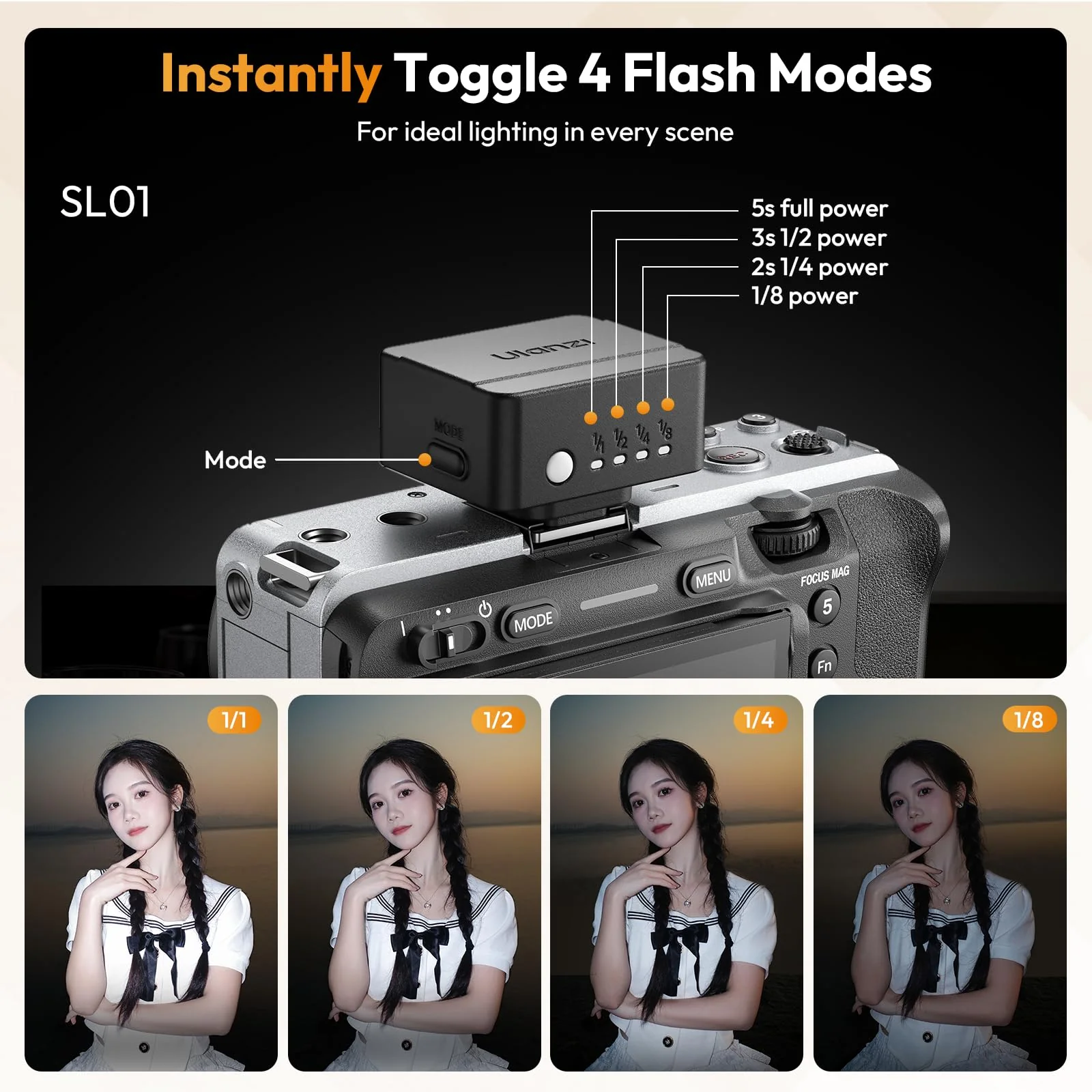 ULANZI SL01 Mini Camera Flash, GN8 6500K Mini Flash Speedlite, 4 Power Levels, Compatible with Sony ZV-1/ZV-E10/Canon/Nikon/Fuji/Panasonic/Leica/Olympus, 【Not Fits Sony ZV-1F】 SL01-Mini Flash Speedlite - Image 4
