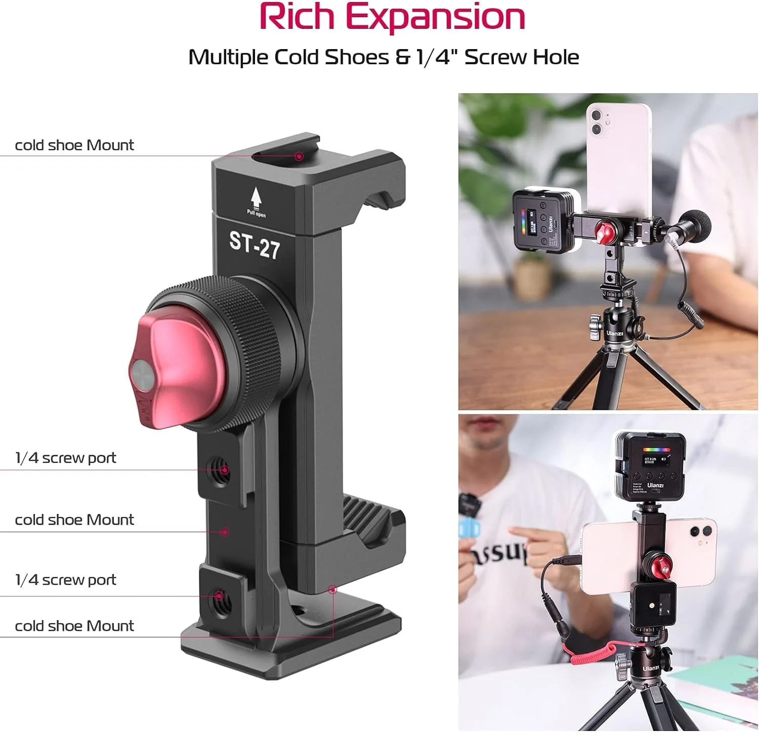 ULANZI ST-27 Metal Phone Tripod Mount, 360° Phone Holder for Tripod w 3 Cold Shoes & Arca Port, Versatile Smartphone Adapter for iPhone 17 16 15, Desktop Tripods, and Live Streaming/Vlogging Setup - Image 3