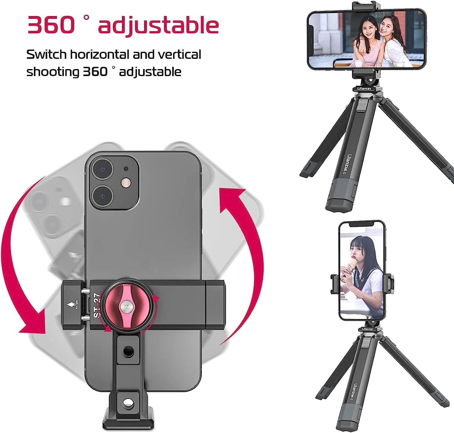 ULANZI ST-27 Metal Phone Tripod Mount, 360° Phone Holder for Tripod w 3 Cold Shoes & Arca Port, Versatile Smartphone Adapter for iPhone 17 16 15, Desktop Tripods, and Live Streaming/Vlogging Setup - Image 4