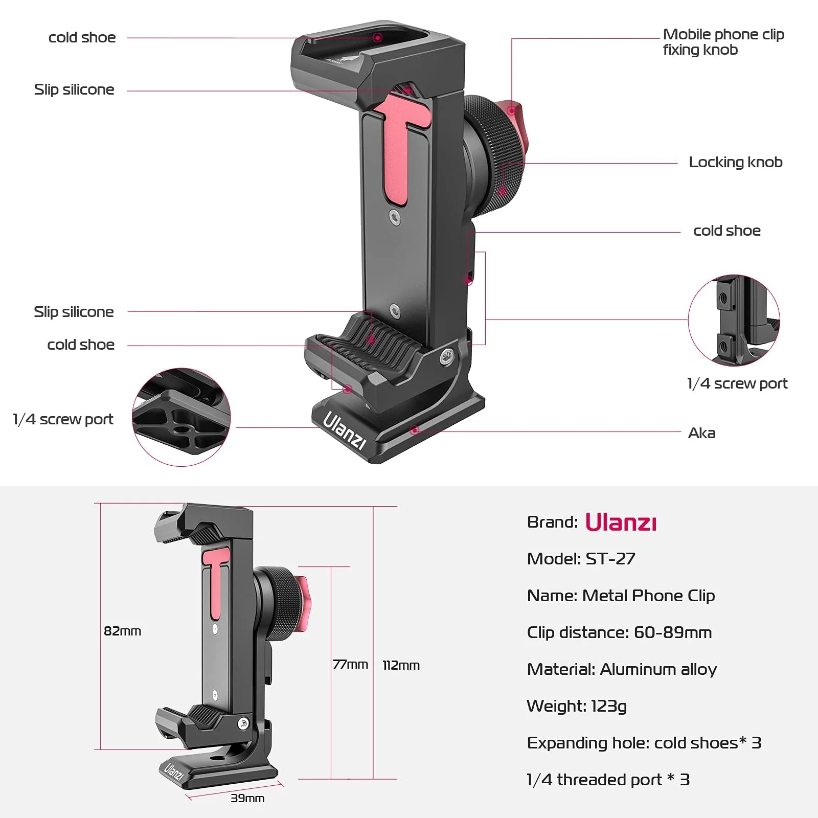 ULANZI ST-27 Metal Phone Tripod Mount, 360° Phone Holder for Tripod w 3 Cold Shoes & Arca Port, Versatile Smartphone Adapter for iPhone 17 16 15, Desktop Tripods, and Live Streaming/Vlogging Setup - Image 7