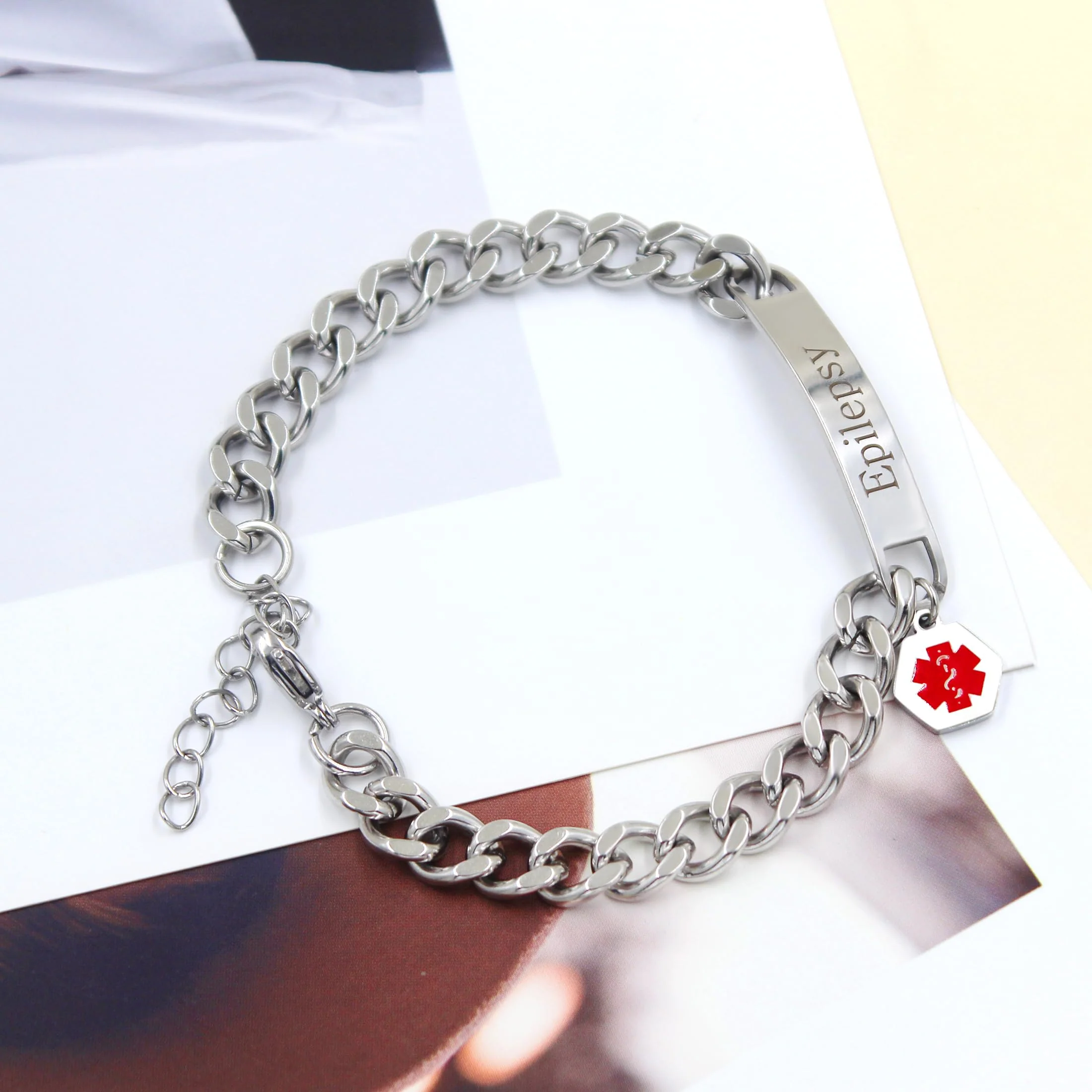 Uloveido Red Medical ID Bracelet | White/Black Cuban Chain Bracelets | Custom Medical Alarm Jewellery for Men Women | Waterproof Stainless Steel Bracelet YA5169 White Epilepsy - Image 4
