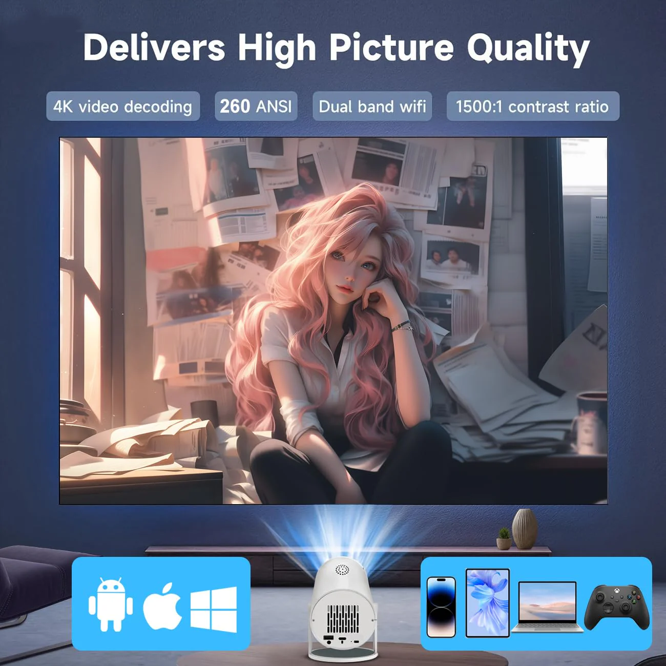 [Ultra-Slim 2.69 " 丨High Brightness] HY300 Pro Projector, Portable 4K Projector with WiFi Bluetooth Android 13 1080P Support, Auto Keystone Correction，Compact Design for Home Theater, and Gaming. - Image 6