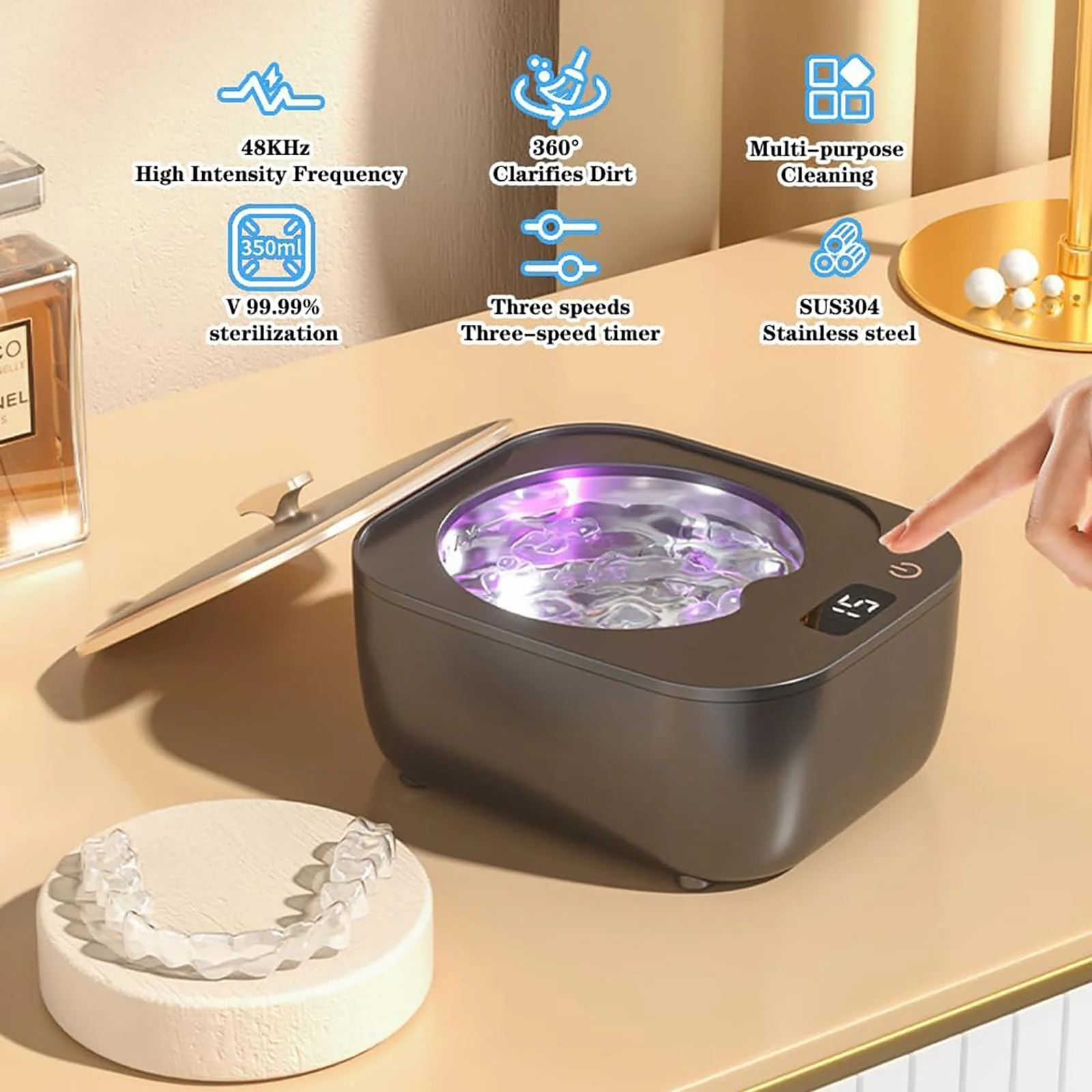 Ultrasonic Cleaning Device for Dentures, 48 kHz 250 ml, Portable Ultrasonic Device with 3 Modes, Ultrasonic Cleaner for Jewellery, Dental Splint, Retainer, Antibacterial Scaler - Image 2