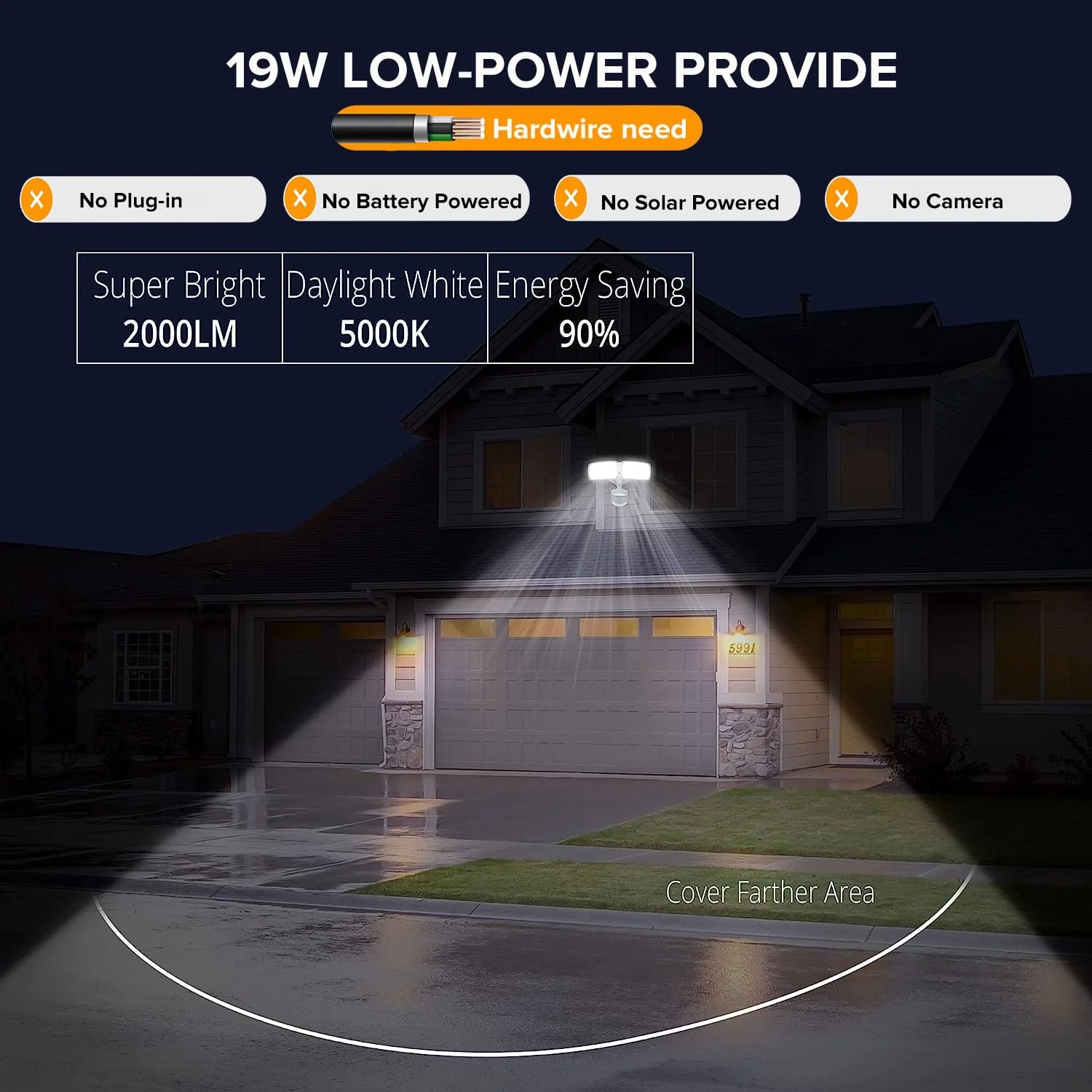 UME 19W LED Security Lights Motion Sensor Light Outdoor, 2000LM Motion Flood Light, 5000K, IP65 Waterproof, 2 Adjustable Head Motion Detector Security Light for Exterior,Outside,Garage,Yard(White) 1pack White - Image 2