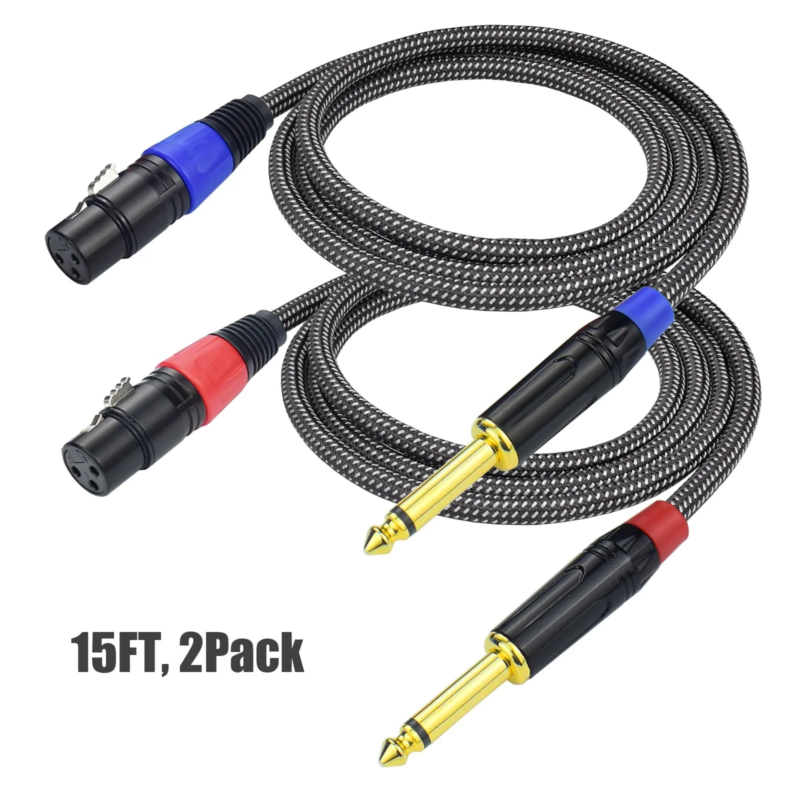Unbalanced 1/4" TS Mono to XLR Female Microphone Cable, 15Feet 6.35mm Quarter inch to XLR Audio Patch Cord, Nylon Braided Heavy Duty, Copper Shielded Noise Free, for Speaker Mixer Interface 15Feet, 2Pack - Image 2